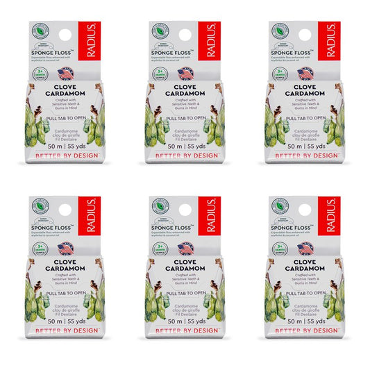 Radius Dental Floss, Sponge Floss, Clove Cardamom, 55 Yards, Vegan & Non-Toxic Oral Care Designed to Help Fight Plaque, Pack of 6