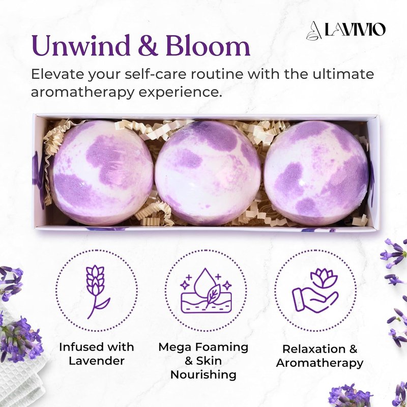 Lavender Bath Bombs for Relaxation | Mega Foaming Shea Butter & Essential Oils | 3 x 100g Gift Set