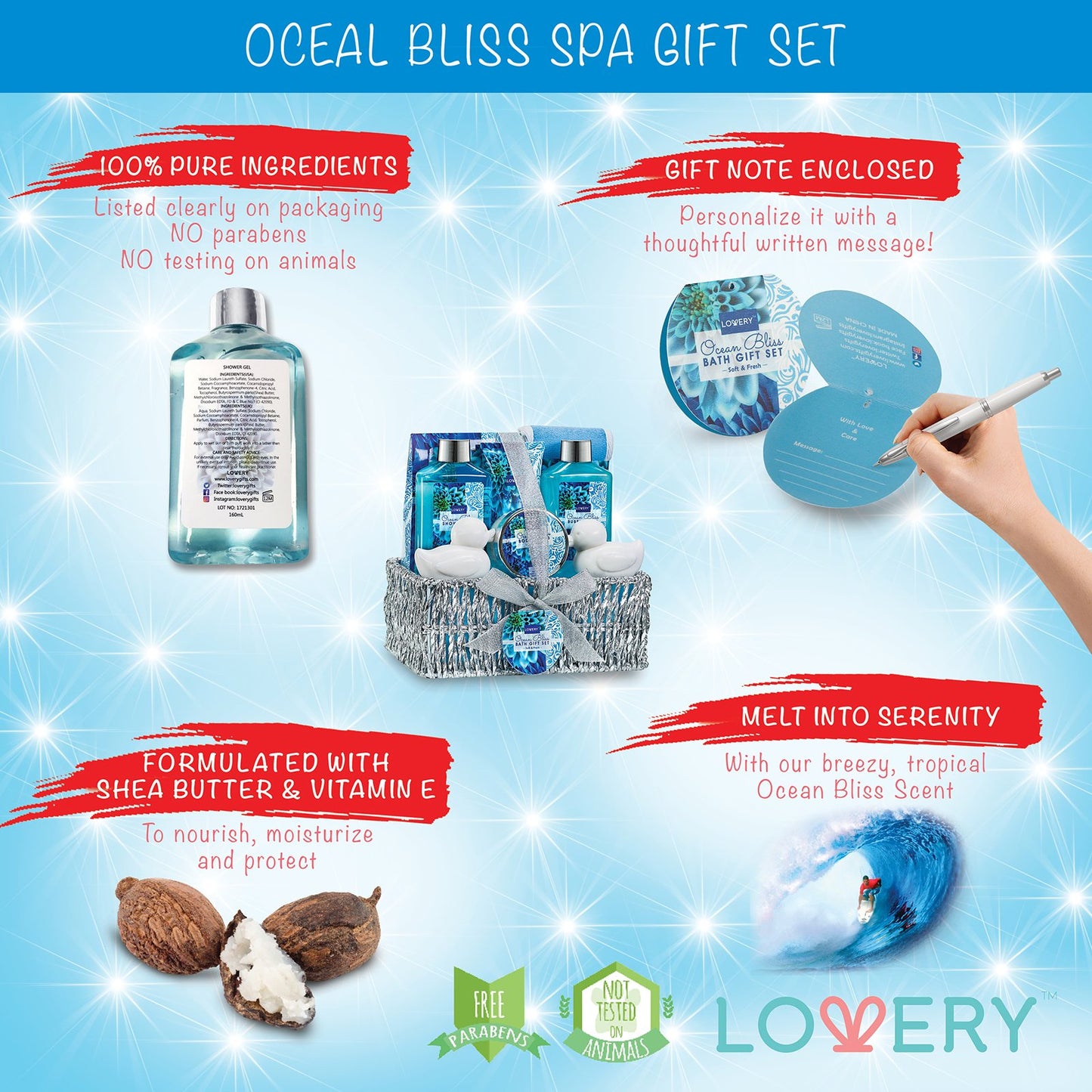 Home Spa Gift Basket in Heavenly Ocean Bliss Scent - 9pc Bath & Body Set - Shower Gel, Bubble Bath, Bath Salt, Body Lotion & more, Wedding, Anniversary, Birthday, Graduation Gift for Women