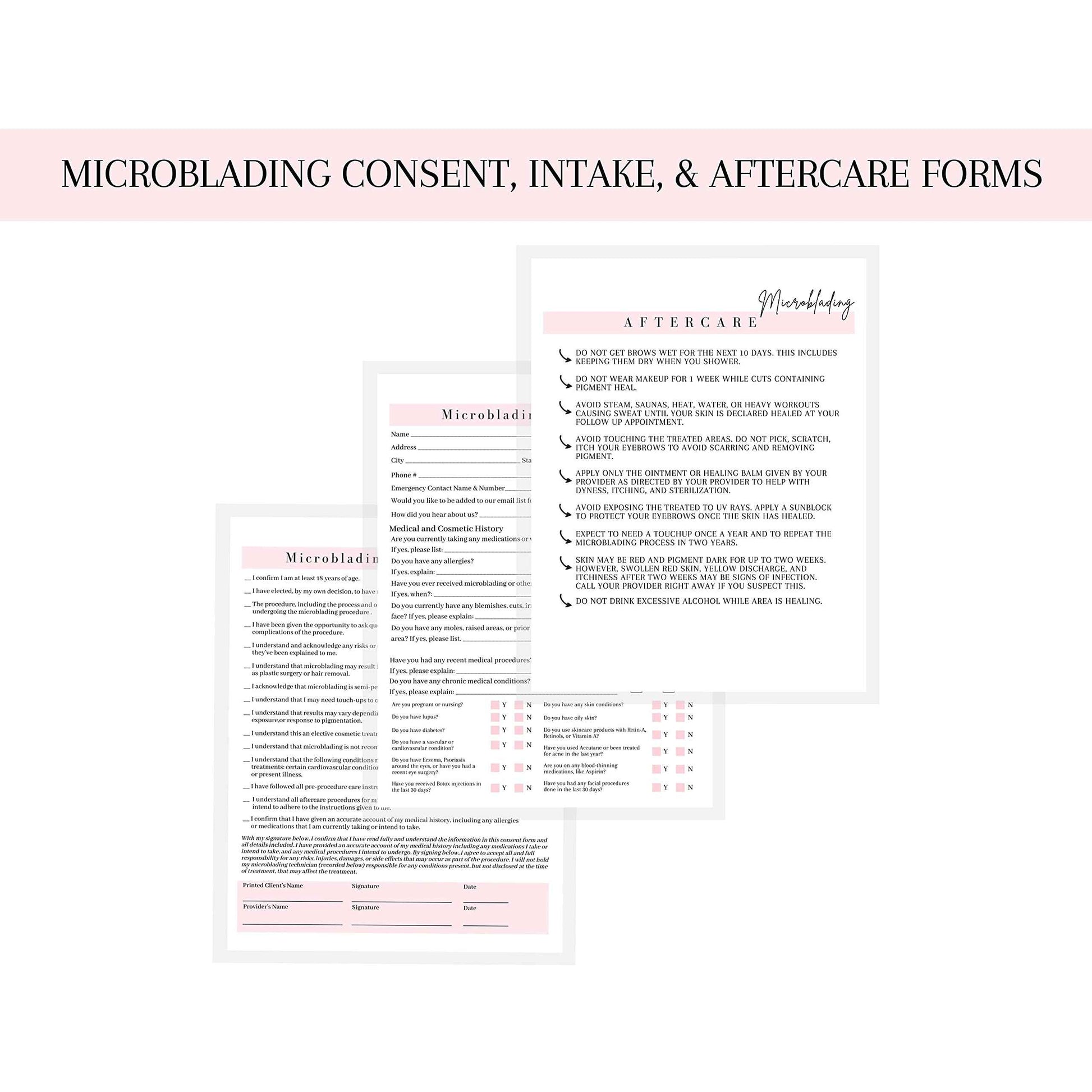 Microblading Intake, Consent, and Aftercare Form | Printed Physical 8.5 x 11" A1 Forms | Clients Signature | White and Pink Design
