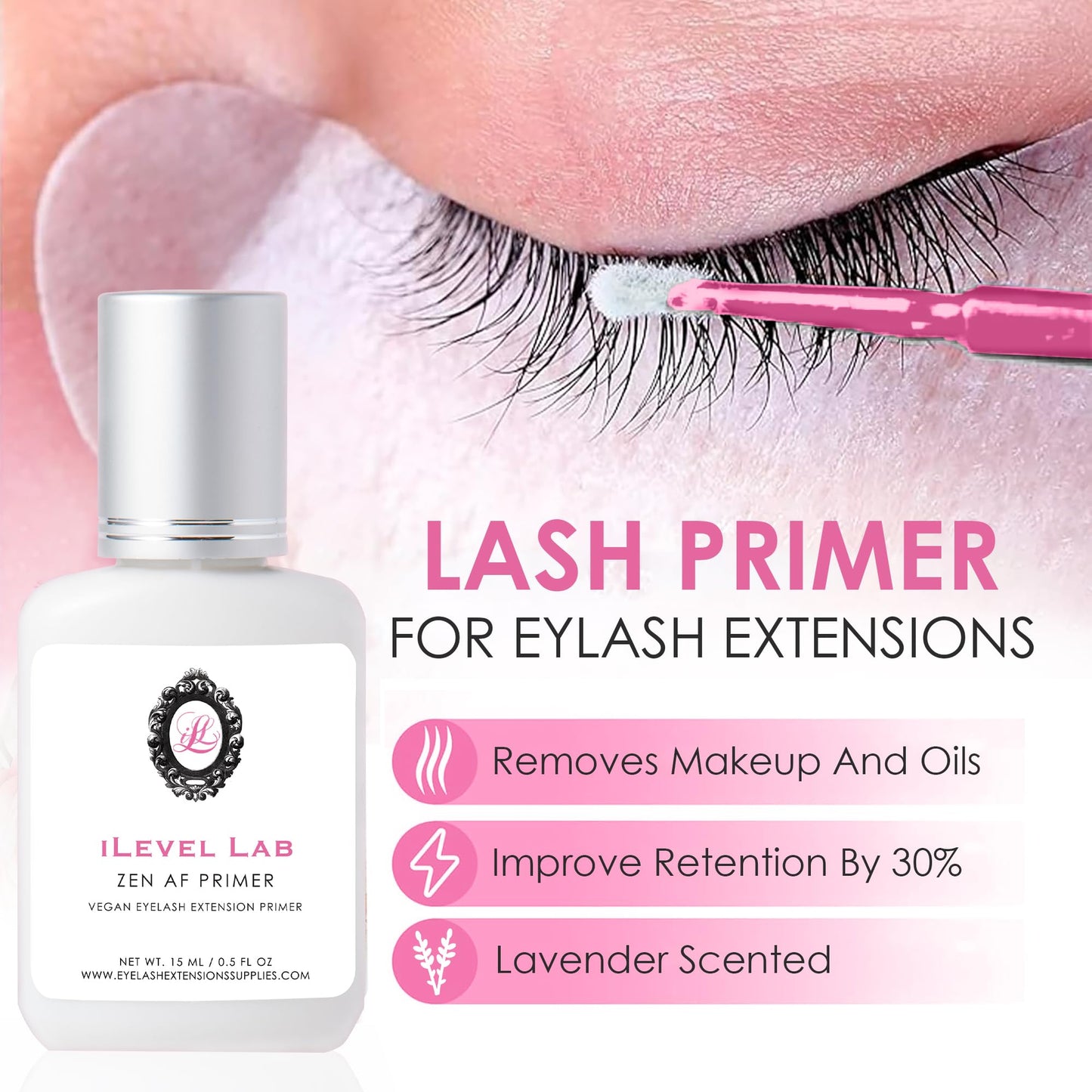 Primer for Lash Extensions by iLevel Lab 15ml - Increase Adhesive Retention | Super Primer/Cleanser | Eyelash Extension Primer | Protein Oil Remover | Professional Lash Supplies (Lavender Sented)