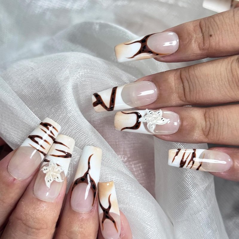 Handmade Press-On Nails - Long Square French False Nails with Charms | 3D Flower, Leopard & Star Designs, Size M