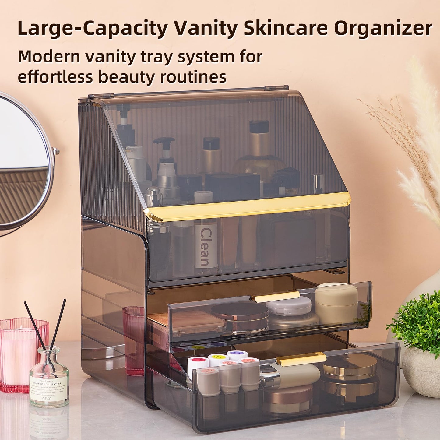 Large Cosmetic Organizer with Lipstick Holder Fully Transparent with Drawers, Dustproof Waterproof Bathroom Counter Storage for Skincare Lipstick Makeup Brushes(White)