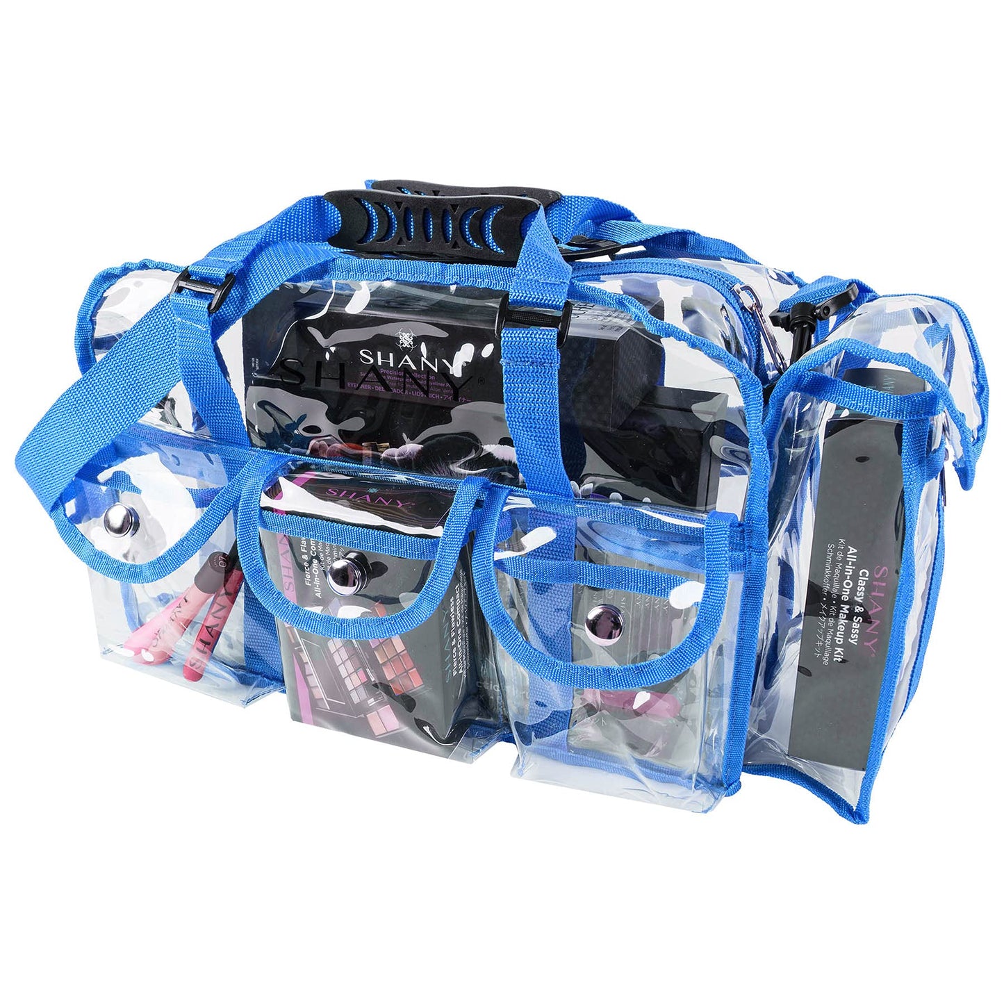 SHANY Cosmetics Shany clear pvc makeup bag - large professional makeup artist rectangular tote with shoulder strap and 5 external pockets - blue, Blue