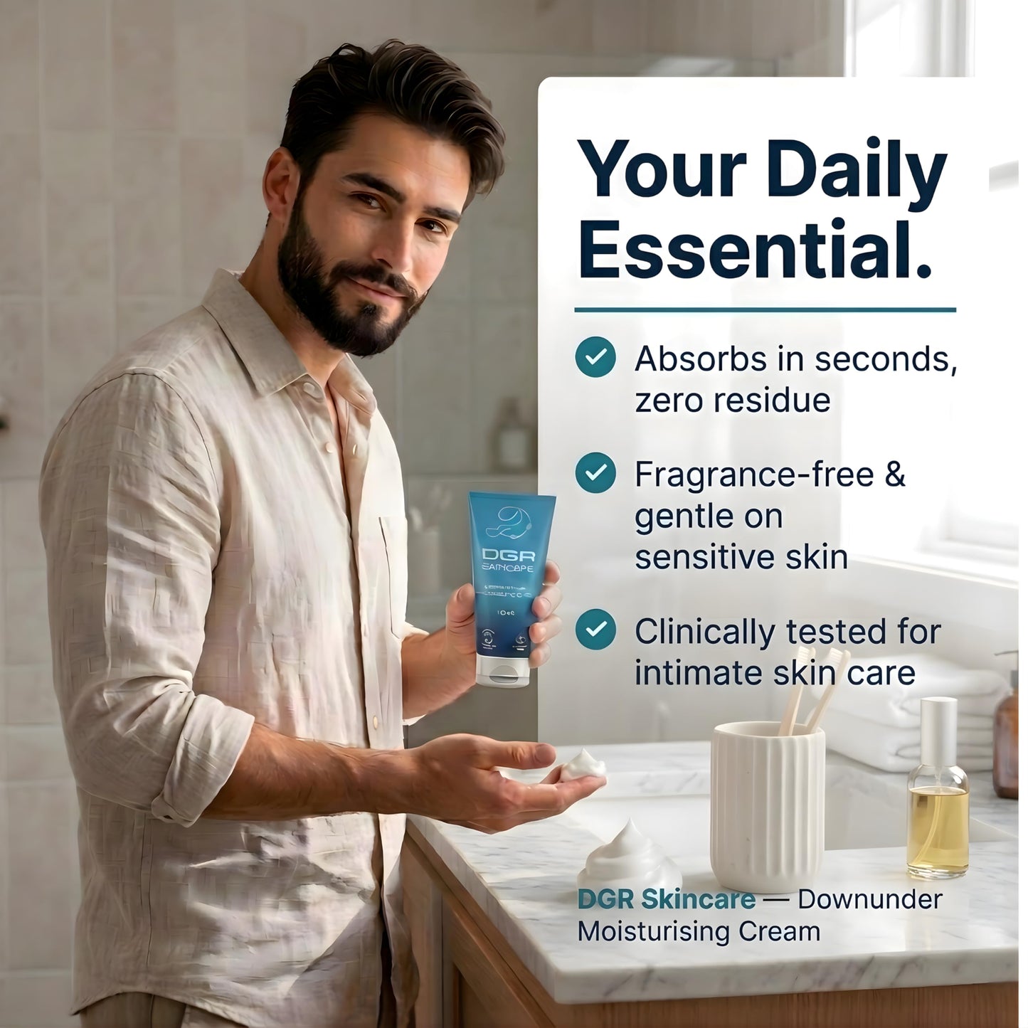 DGR Skincare Men's Intimate Moisturizer Cream, Soothes Dryness, Chafing & Irritation, Fast-Absorbing, Fragrance-Free, Zero Residue, Clinically Tested, Kakadu Plum & Vitamin E Infused, Australian Made