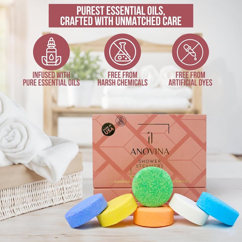 Anovina Aromatherapy Shower Steamers Gift Box | All-Natural Essential Oil Shower Tablets for Self-Care - Made in USA
