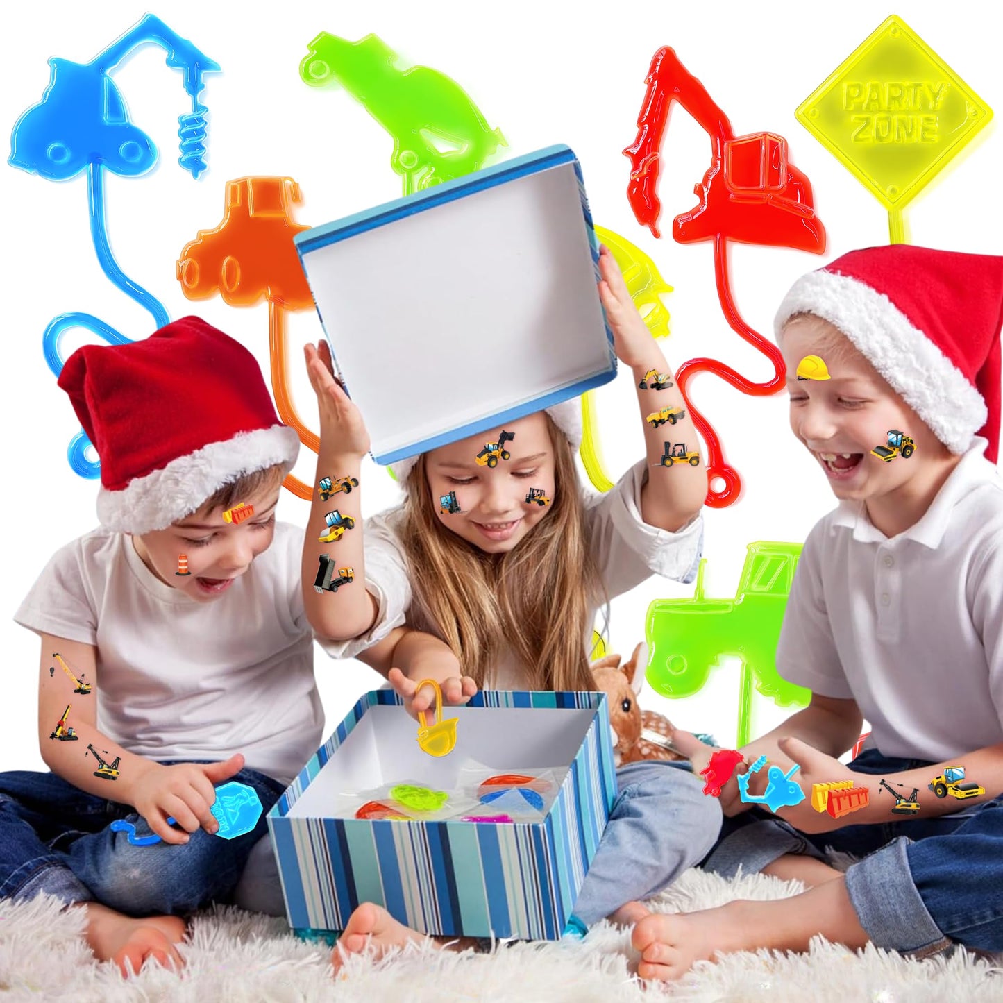 48PCS Construction Party Favors - 24PCS Temporary Tattoos & 24PCS Stick Hands Party - Perfect Birthday Party Supplies, Goodie Bag Stuffers, Treasure Box Toys, Classroom Prizes, and Student Gifts