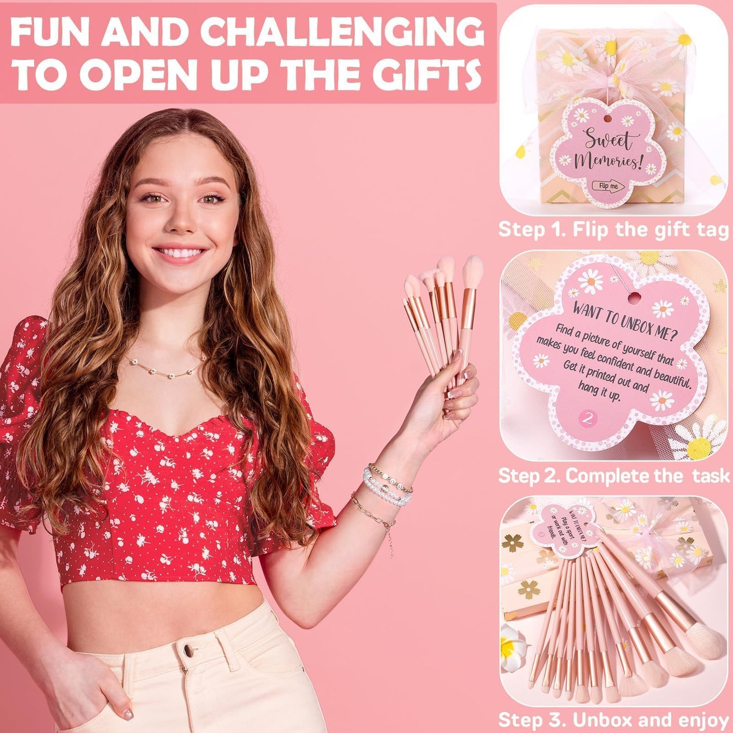 Easter Basket Gifts for Tween & Teen Girls, 8 PCS Birthday Gift Teenage Girl Gifts Trendy Stuff w/Fun Task Tag Makeup Brushes & Bag, Empower Positive Wrapped Gift Prefilled Stuffers for Daughter Niece