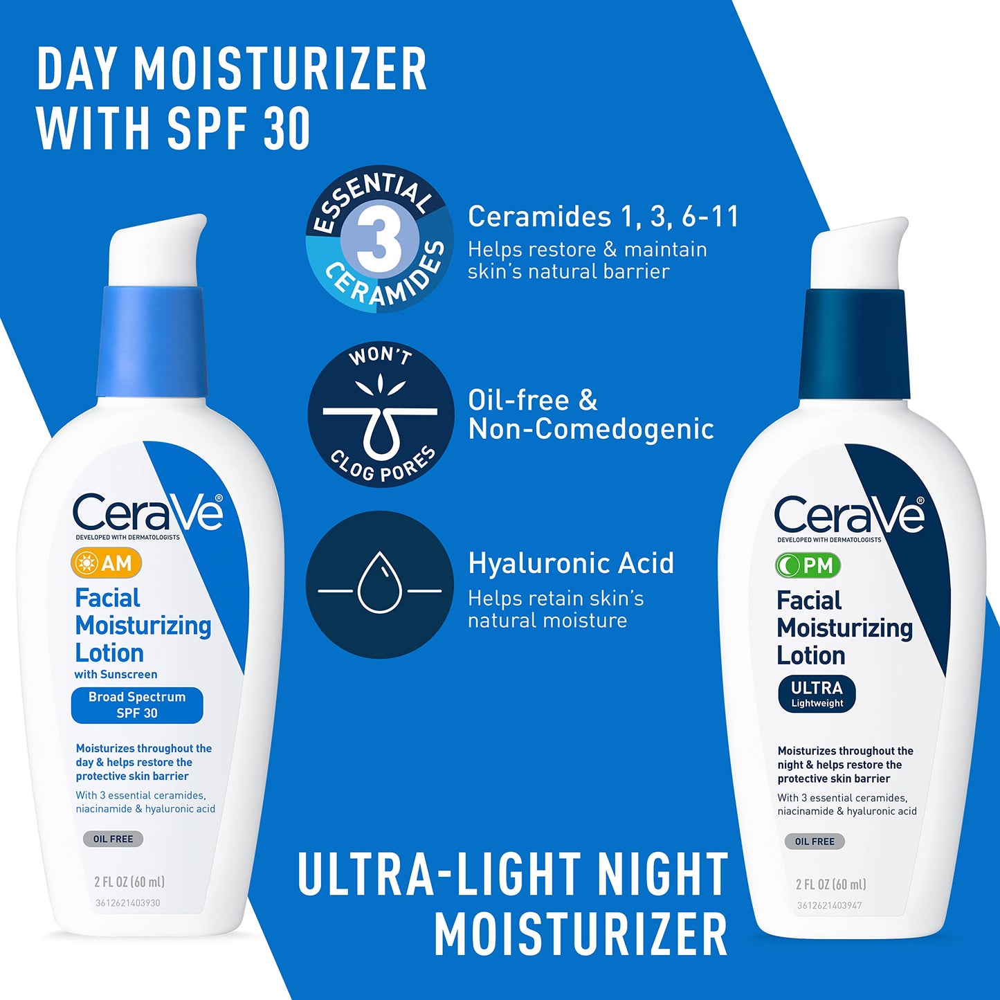 CeraVe Acne Skin Care Set, 5oz Acne Foaming Cream Cleanser + 1oz Resurfacing Retinol Serum + 2oz AM Facial Moisturizing Lotion with SPF 30 + 2oz PM Facial Moisturizing Lotion