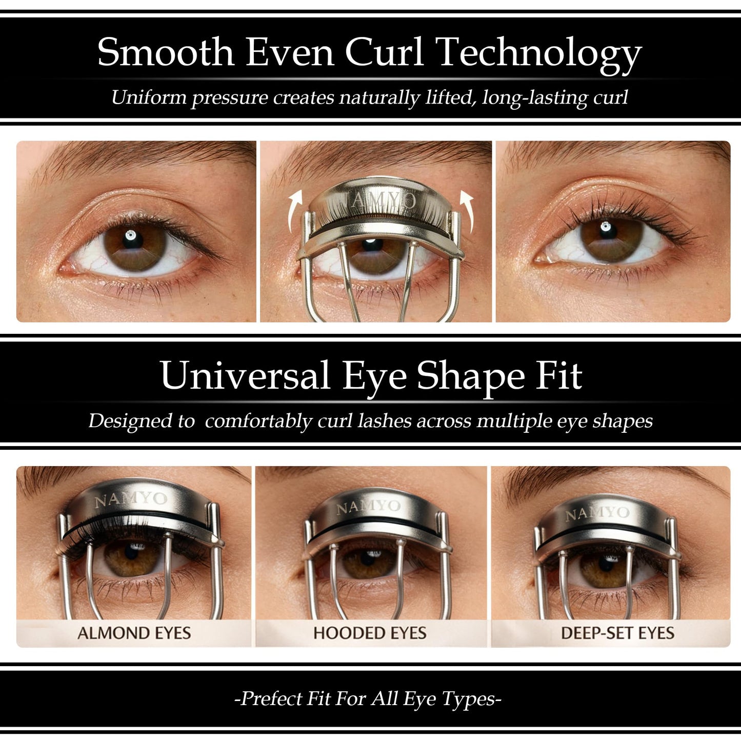 NAMYO Eyelash Curler – Precision Lash Curler for Almond, Hooded and Deep-Set Eyes with Ergonomic Handle and 10 Silicone Refill Pads – Compact Travel Size - Pearl Silver
