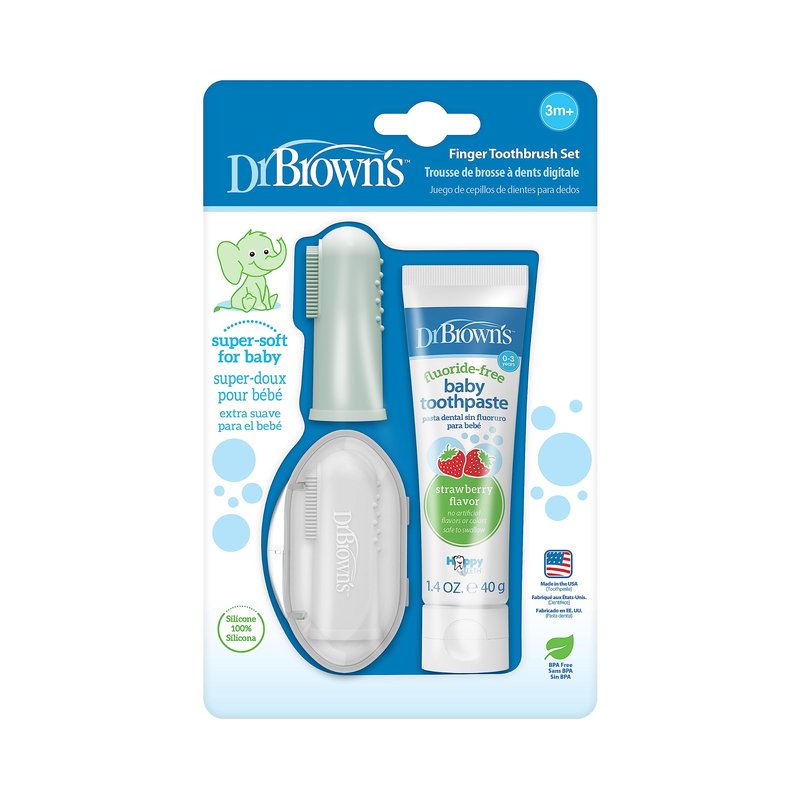 Dr. Brown's 100% Silicone Baby Finger Toothbrush and Toothpaste Set, 2-Pack Toothbrush with Storage Case, Fluoride-Free Strawberry Toddler Toothpaste, Gray & Light-Green