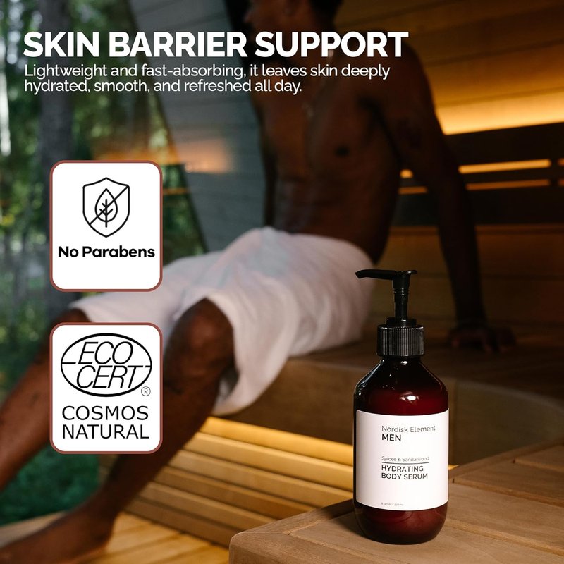 Nordisk Element Body Serum for Men - Lightweight Hydrating Serum with Hyaluronic Acid & Antioxidants | 9.13 Fl Oz, Vegan, Sandalwood Scent