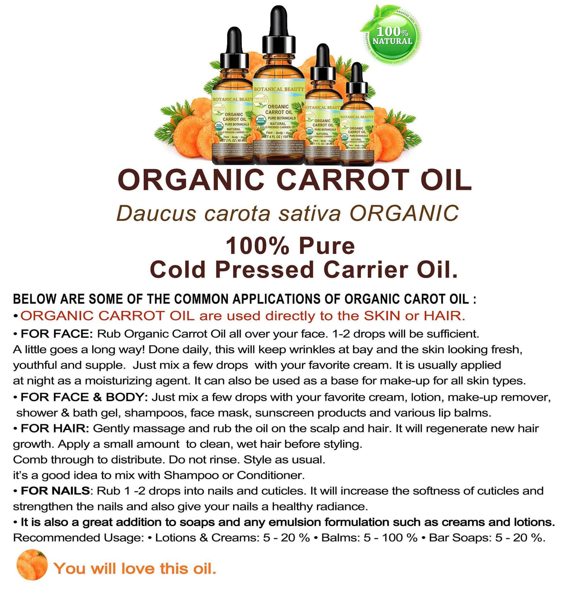 Botanical Beauty Organic CARROT SEED OIL 100% Pure VIRGIN UNREFINED Undiluted Cold Pressed Carrier Oil for Face, Skin, Body, Hair, Lip, Nails. Rich in Beta Carotene, Vitamin E (1 Fl Oz)