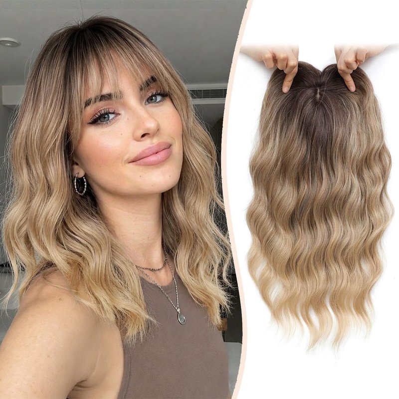 MARJORIE Hair Topper,Wavy Hair Toppers for Women 14inch Natural Looking Hairpiece with Wispy Bangs, Volume Booster Wiglet for Full Coverage, Quick Styling for Party/Date Night/Social/Content Creators