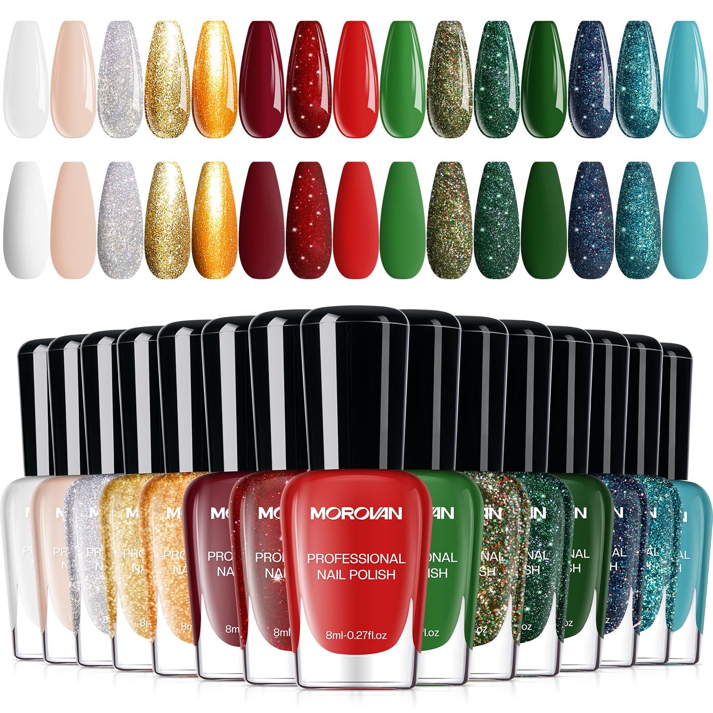 Morovan Christmas Nail Polish Set: 2026 Glitter Gifts Ideas Red Green Gold Silver Fingernail Polish Kit Winter Quick Dry Regular Nail Polish Pack Manicure for Women Girls Holiday Party