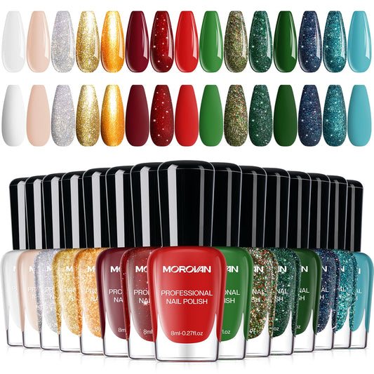 Morovan Christmas Nail Polish Set: 2026 Glitter Gifts Ideas Red Green Gold Silver Fingernail Polish Kit Winter Quick Dry Regular Nail Polish Pack Manicure for Women Girls Holiday Party