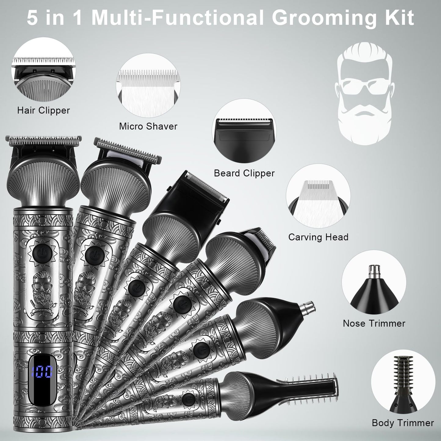 Hatteker Beard Trimmer Kit for Men Professional Hair Clipper T-Blade Beard Hair Shaver Nose Trimmer Hair Cutting Kit Body Grooming Kit Cordless 6 in 1