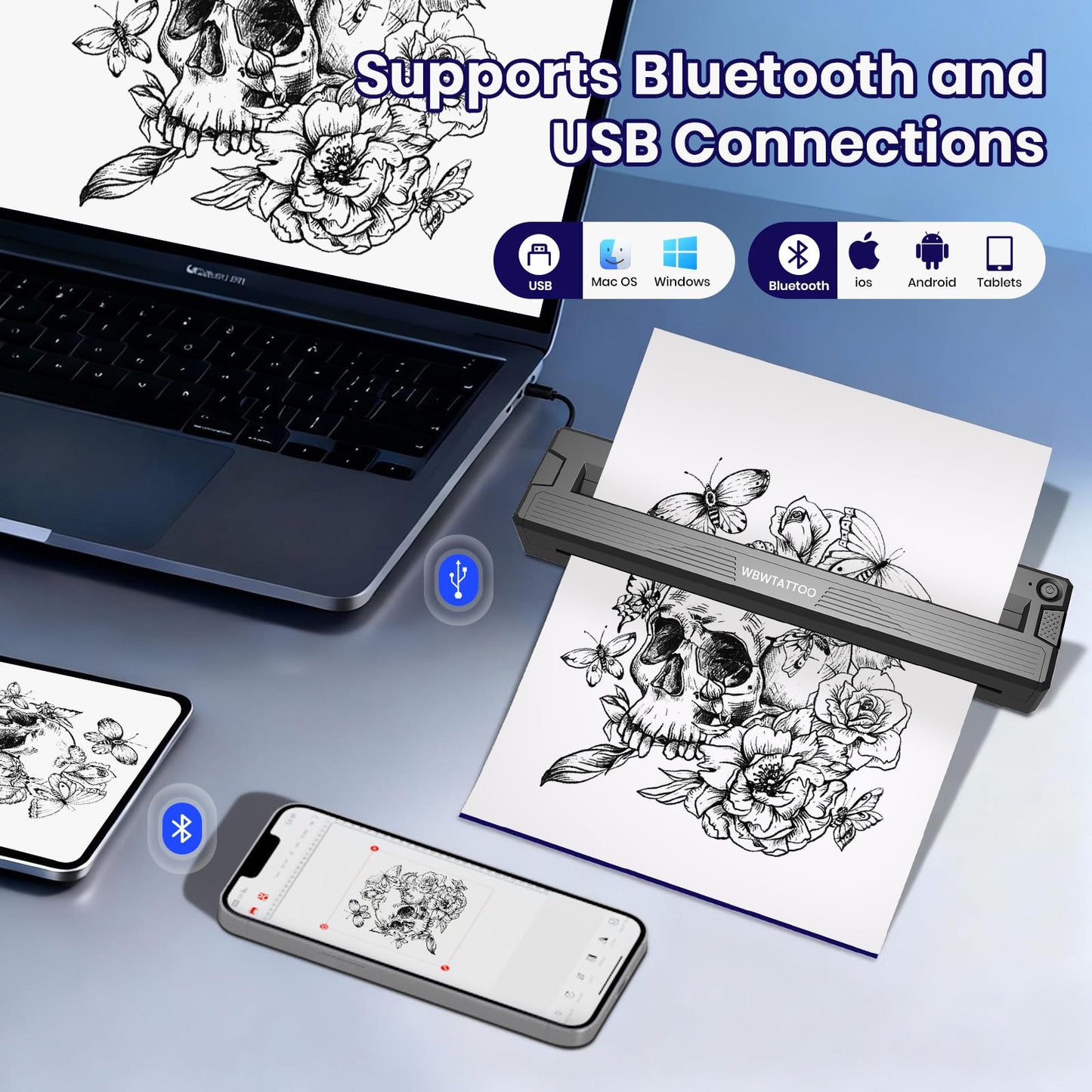 Tattoo Stencil Printer Machine,2026 Newly Upgraded Thermal Portable Wireless Bluetooth Printer,for Tattoo Artists&Beginners,with Transfer Paper and Thermal Paper,Compatible with Phone&PC (Black)