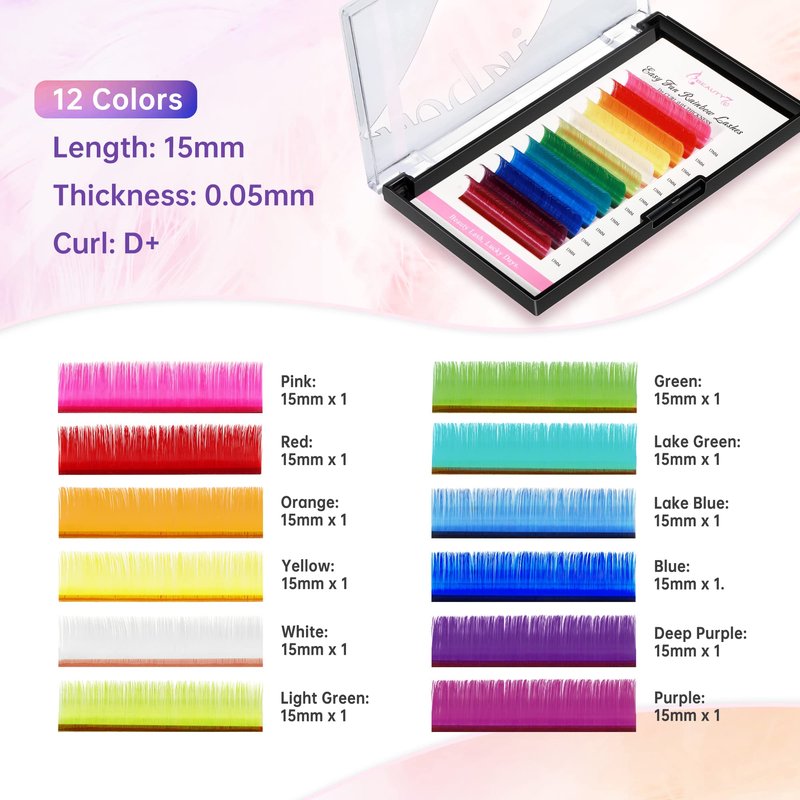Beauty7 Colored Lash Extensions Rainbow Lashes Easy Fan 12 Colors Lashes Self Fanning Ombre Lash Extensions D+ Curl 0.05mm thickness 15mm Dramatic Eyelashes Extension