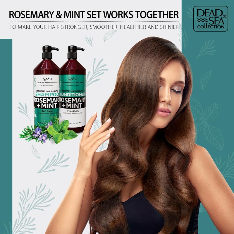 Dead Sea Collection Shampoo and Conditioner Set for Strengthening and Volume - Pure Dead Sea Minerals, Rosemary and Mint – Hair Care - Nutrition, Repair and Shine - Pack of 2 (33.8 & 30.6 Fl. Oz)
