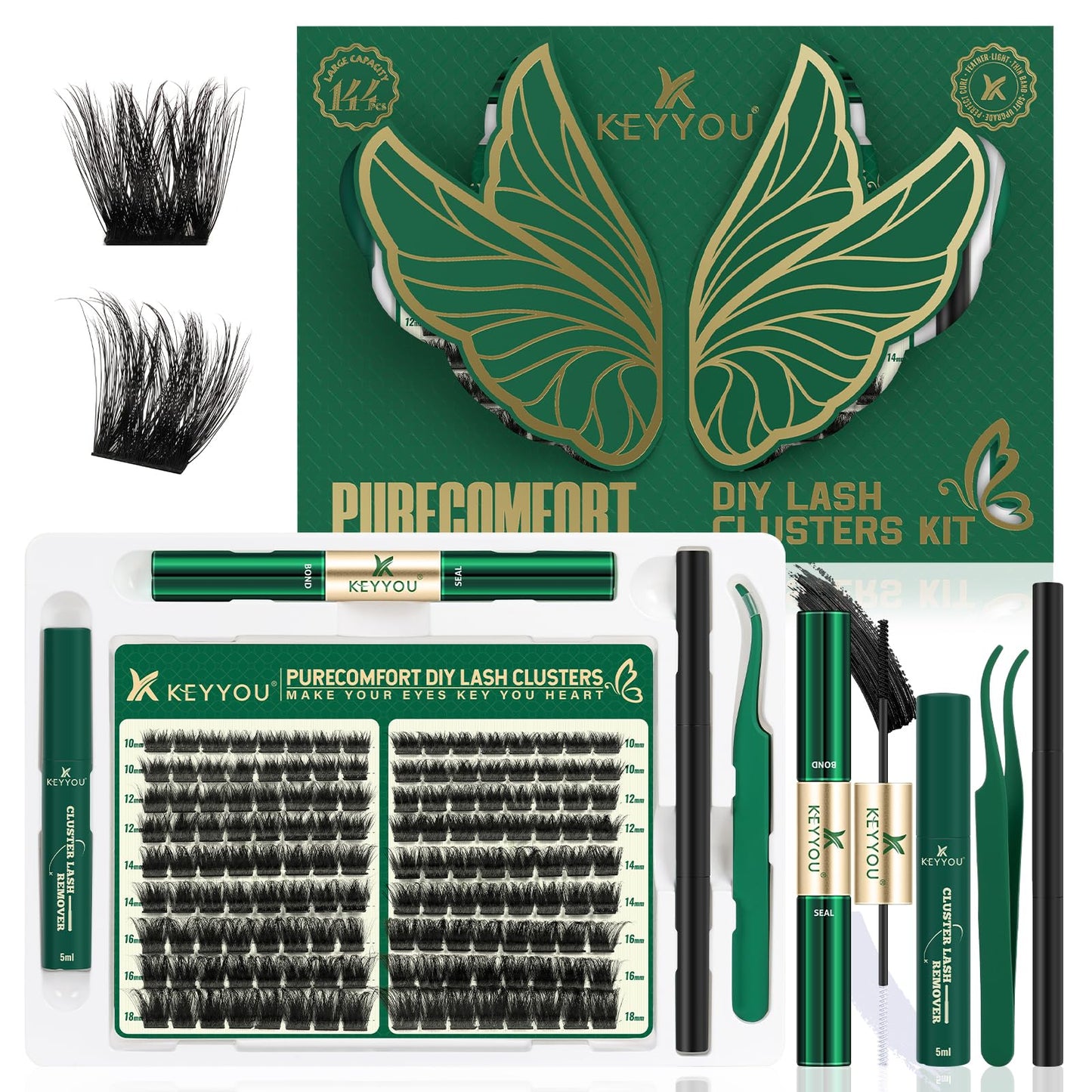 KEYYOU Lash Extension Kit 144pcs Thick Super Soft Lash Clusters,10-18mm D Curl Individual Lashes Kit with Bond and Seal Applicator and Brush Remover Easy to DIY at Home（PC03Kit-D-10-18MIX）