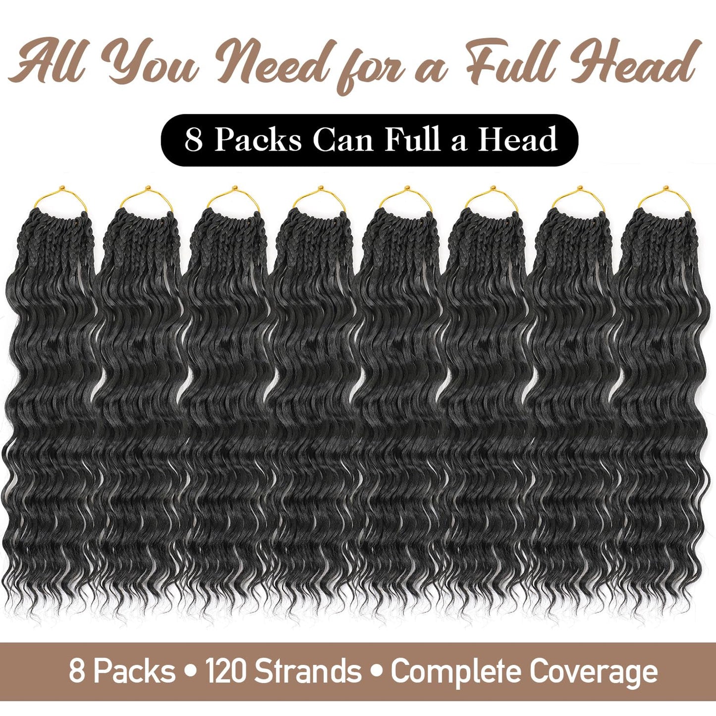 Pre looped Ocean Wave Crochet Hair 8 Packs 12 Inch Natural Black Synthetic Pre Twisted Ocean Braids Hair Boho Deep Wave Short Curly Crochet Hair for Black Women (12 Inch,1B#)