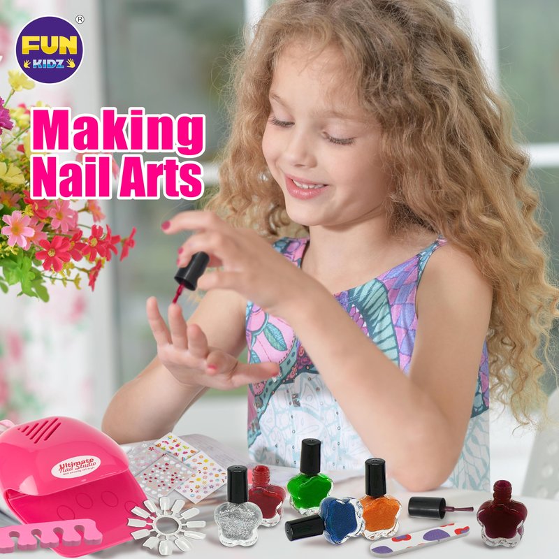Kid Nail Art Kit for Girls, FunKidz Nail Studio Kits Size 17.91Wx12.4L with Peelable Nail Polish Nail Dryer Teens Makeup Mani Pedi Set Spa Party Gift