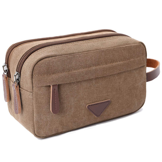 Mactso Men's Toiletry Bag, Vintage Canvas Leather Travel Dopp Kit with 2 Compartments, Heavy Duty Zipper, 9.5x5.5x4 Inch Retro Shaving Makeup Organizer for Business Travel Gym Camping (Coffee)