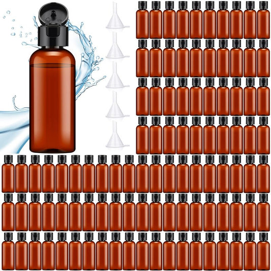 Eccliy 100 Pack 2 oz Plastic Bottles Travel Lotion Bottle Squeeze Container Plastic Bottles with Caps Small Travel Empty Refillable Toiletry Containers for Liquid Lotion Creams with 5 Funnels(Brown)