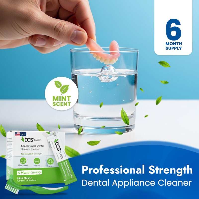 TCS Fresh Concentrated Dental Appliance Cleaner Set, Professional Denture and Retainer Cleaner Powder with Soft Bristle Brush (24 Packets, 6 Month Supply, Mint Flavor)