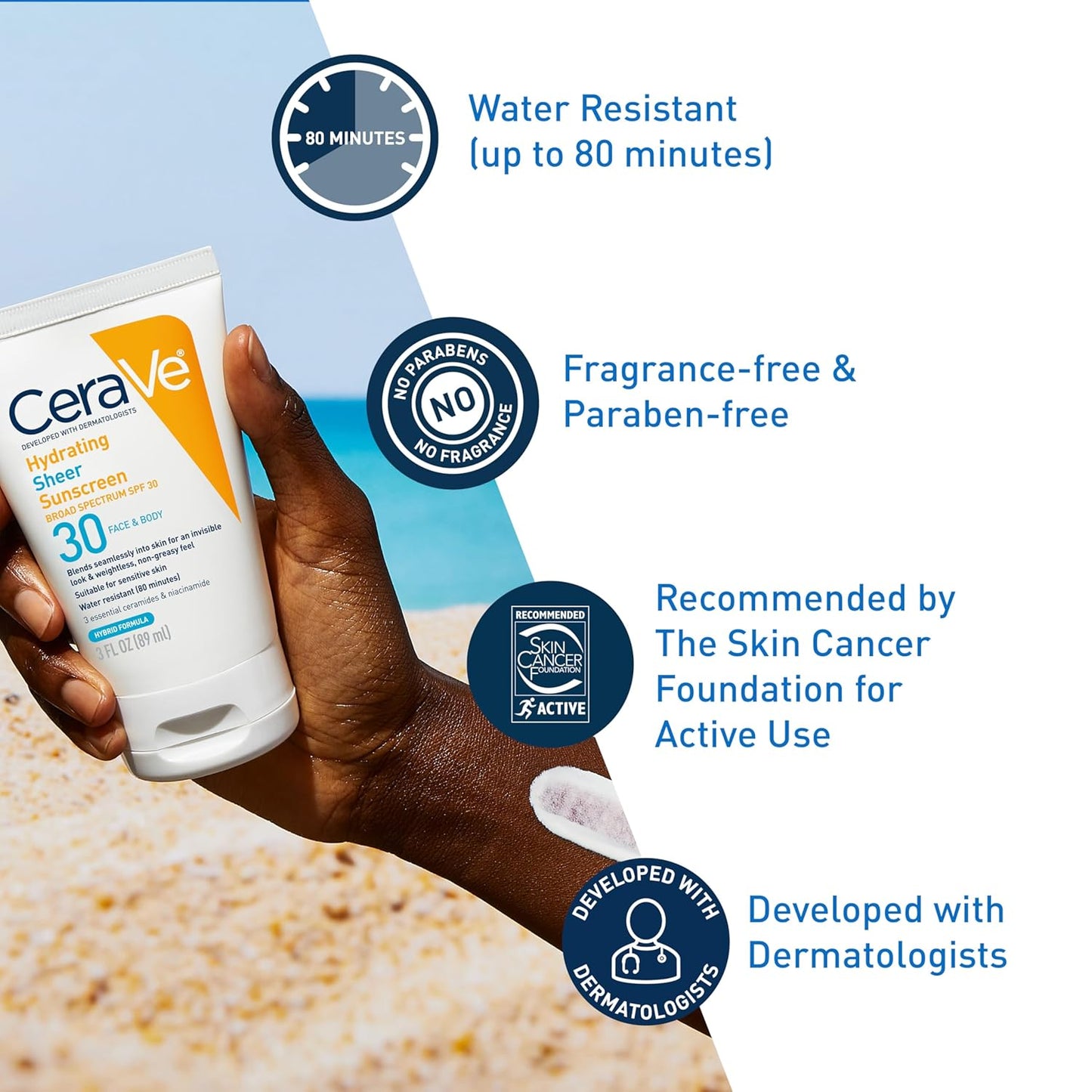 CeraVe Hydrating Sheer Sunscreen SPF 30 - Mineral & Chemical Formula with Zinc Oxide | 3 Ounces, Paraben-Free