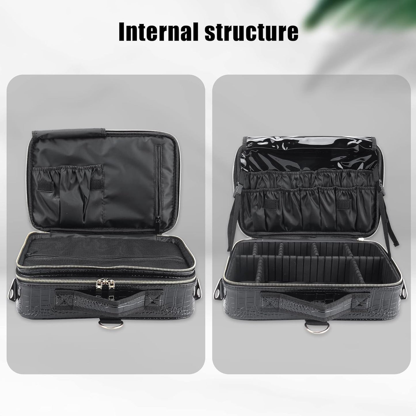 Travel Makeup Train Case - Large Capacity Cosmetic Bag Organizer for Women | Adjustable Dividers & Shoulder Strap - Medium Crocodile Pattern Black