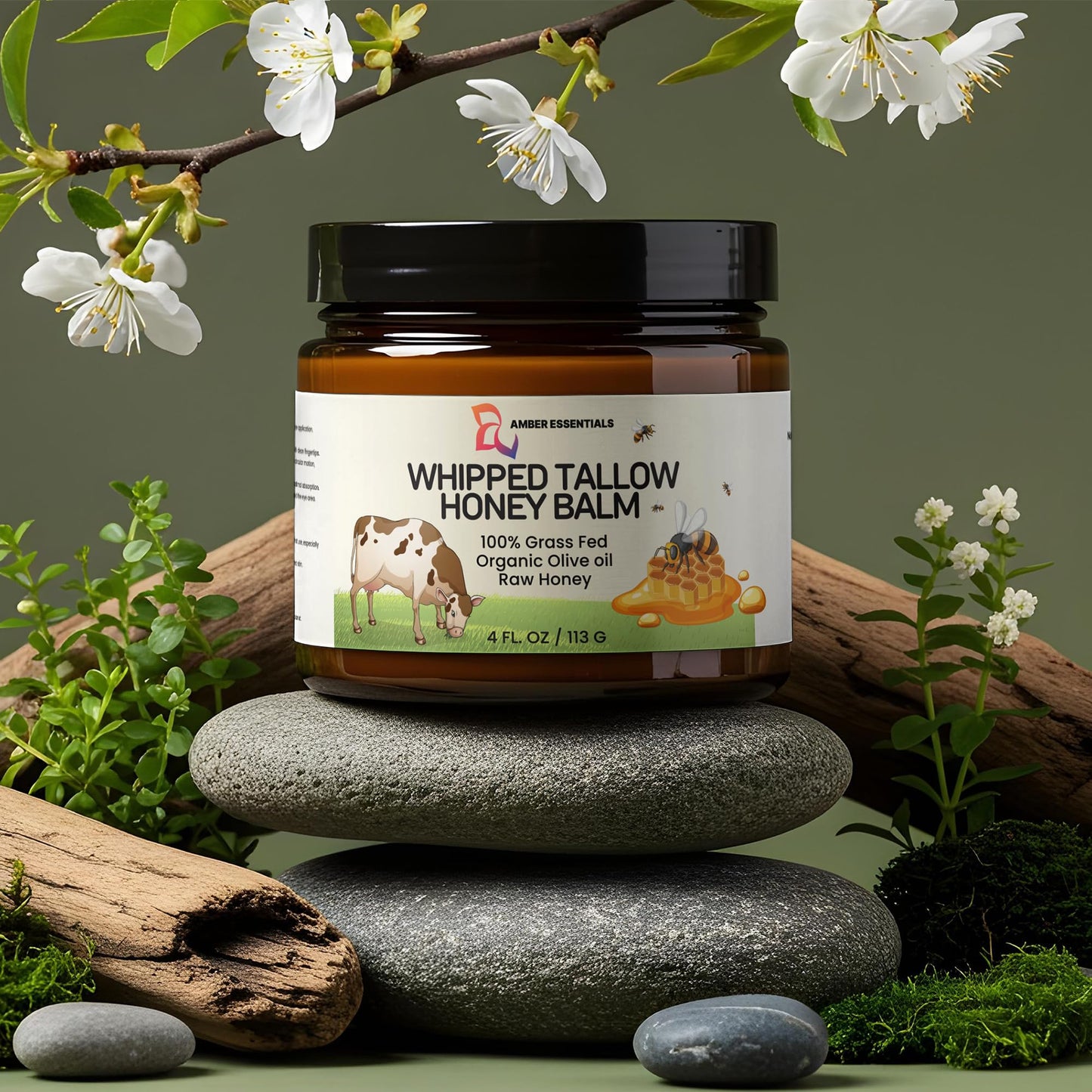 AMBER ESSENTIALS Organic Grass-Fed Beef Tallow and Honey Balm | All-Natural Moisturizer with Raw Honey & Olive Oil | Face + Body Cream for Dry, Sensitive Skin, Anti-Aging, Cracks, Acne-Prone Skin 4oz
