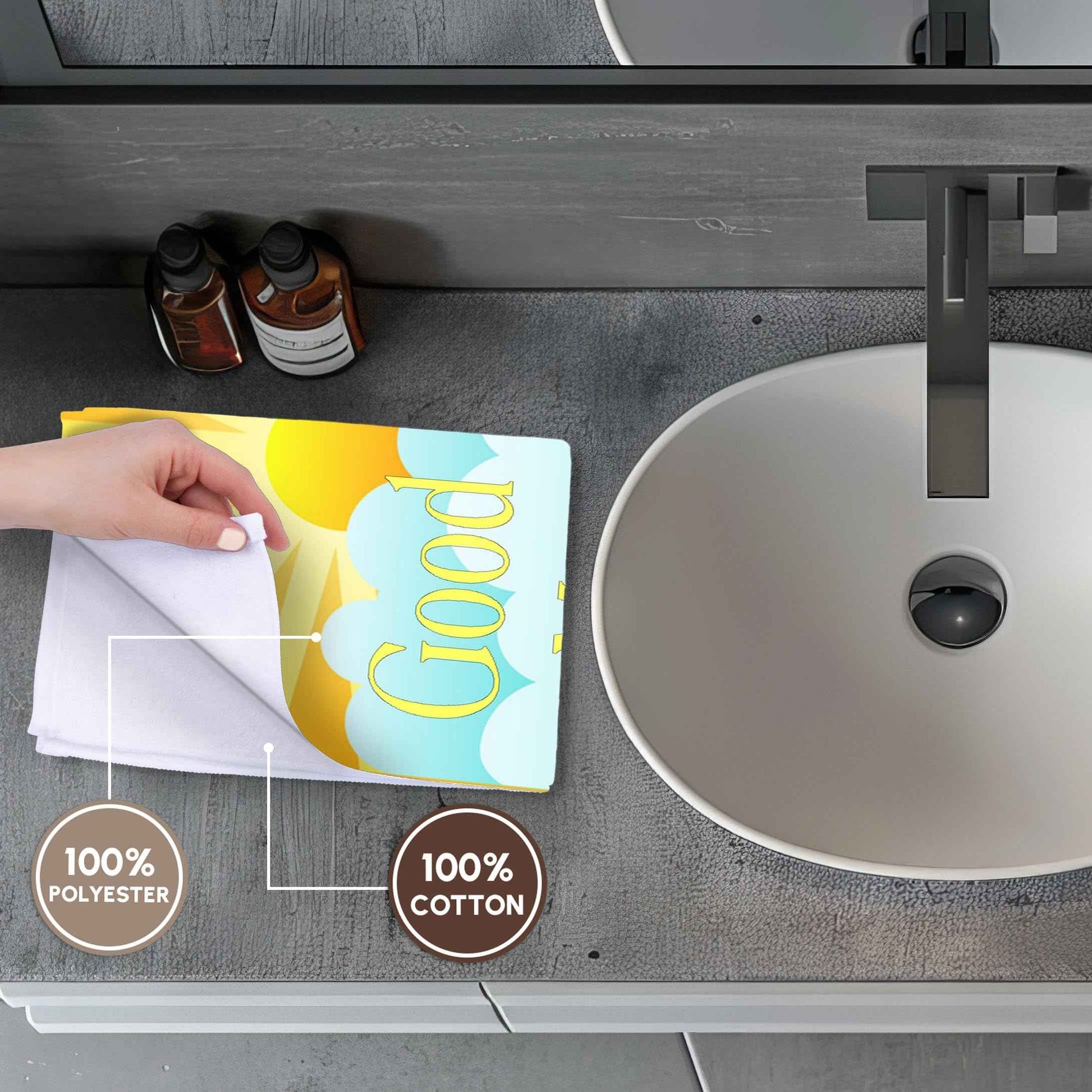 3D Rose Image of Good Morning Sunshine Cartoon Sun and Clouds Hand Towel, 15" x 22"