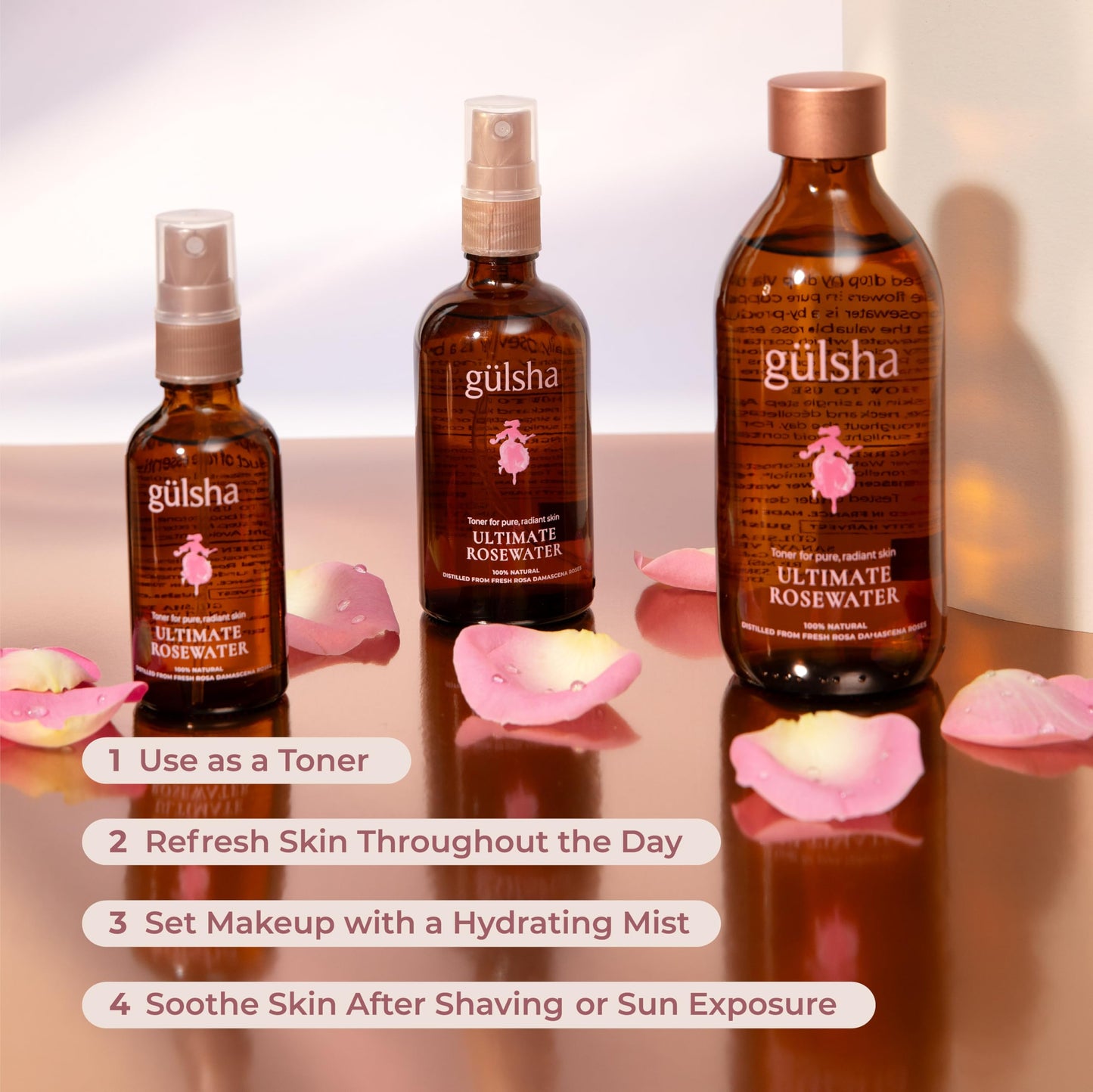 GULSHA ULTIMATE ROSEWATER, Natural Rosa Damascena Flower Water, Cleanses, Nourishes and Tones Skin, Restores Radiance to Your Skin, Free from Chemicals, 100% Natural Glow Rose Essence, 100ml/3.38 FlOz