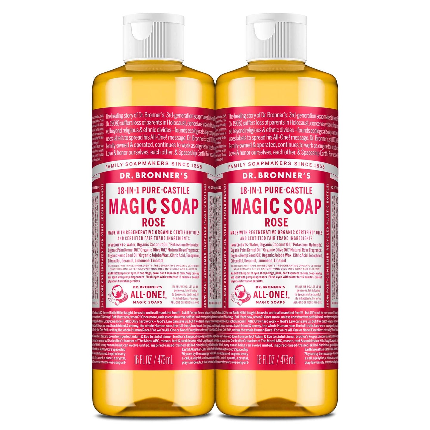 Dr. Bronner's Pure-Castile Magic Liquid Soap (Rose, 16 Ounce, 2-Pack)- Made with Regenerative Organic Certified Oils, 18-in1 Uses: Face, Hair, Hand & Body Soap, Laundry, Pets- Concentrated, Vegan
