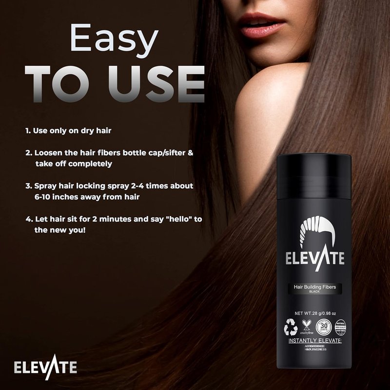 ELEVATE Hair Fibers for Thinning Hair - Natural Keratin for Instant Volume | 40g Bottle (Black)