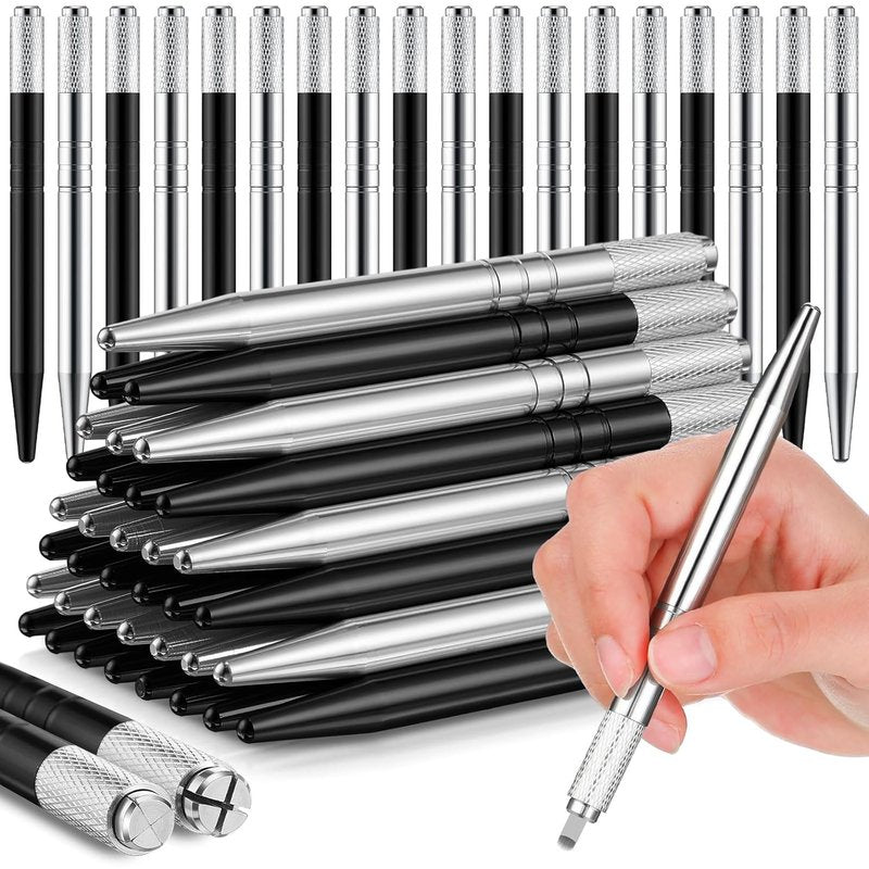 Microblading Pen Set - 50 Pcs Manual Eyebrow Pens with Aluminum Tool Holders | Silver & Black
