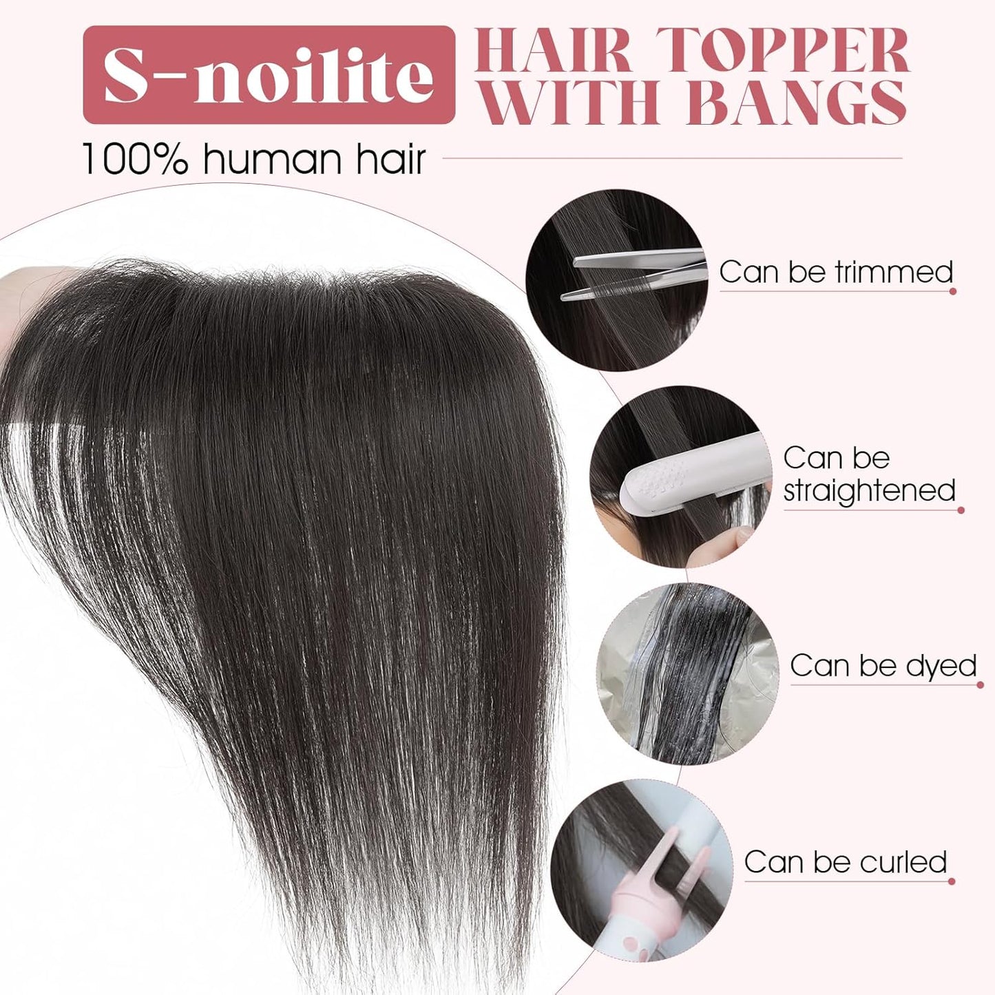 S-noilite Hair Toppers for Women - Real Human Hair Clip-In Bangs | 360° 3D Coverage, Jet Black, 11 Inch