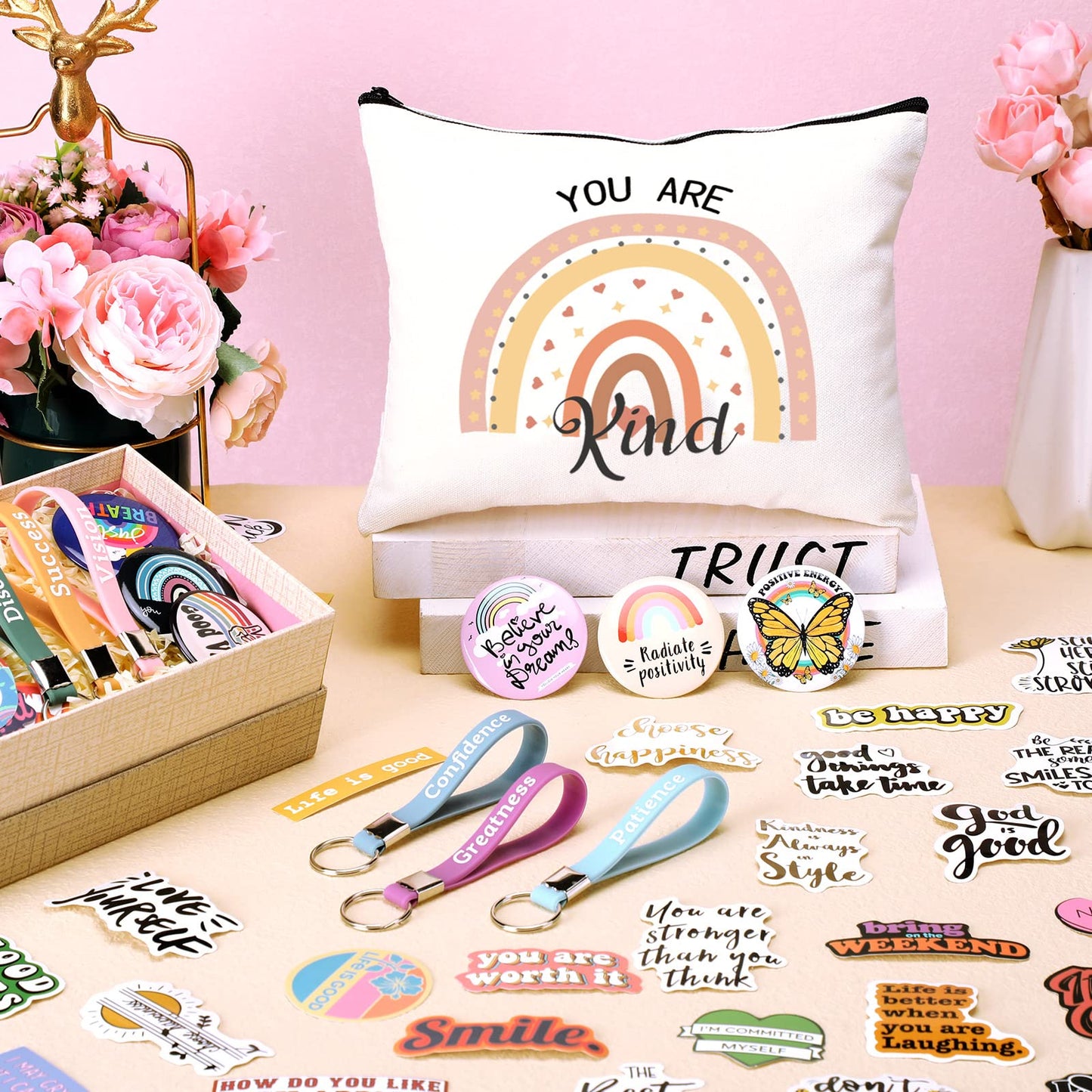 Pinkunn 68 Pcs Inspirational Gifts Bulk Inspirational Quote Key Chains Rainbow Canvas Cosmetic Bags with Zipper Motivational Stickers Button Badges Gifts for Teacher Birthday Graduation
