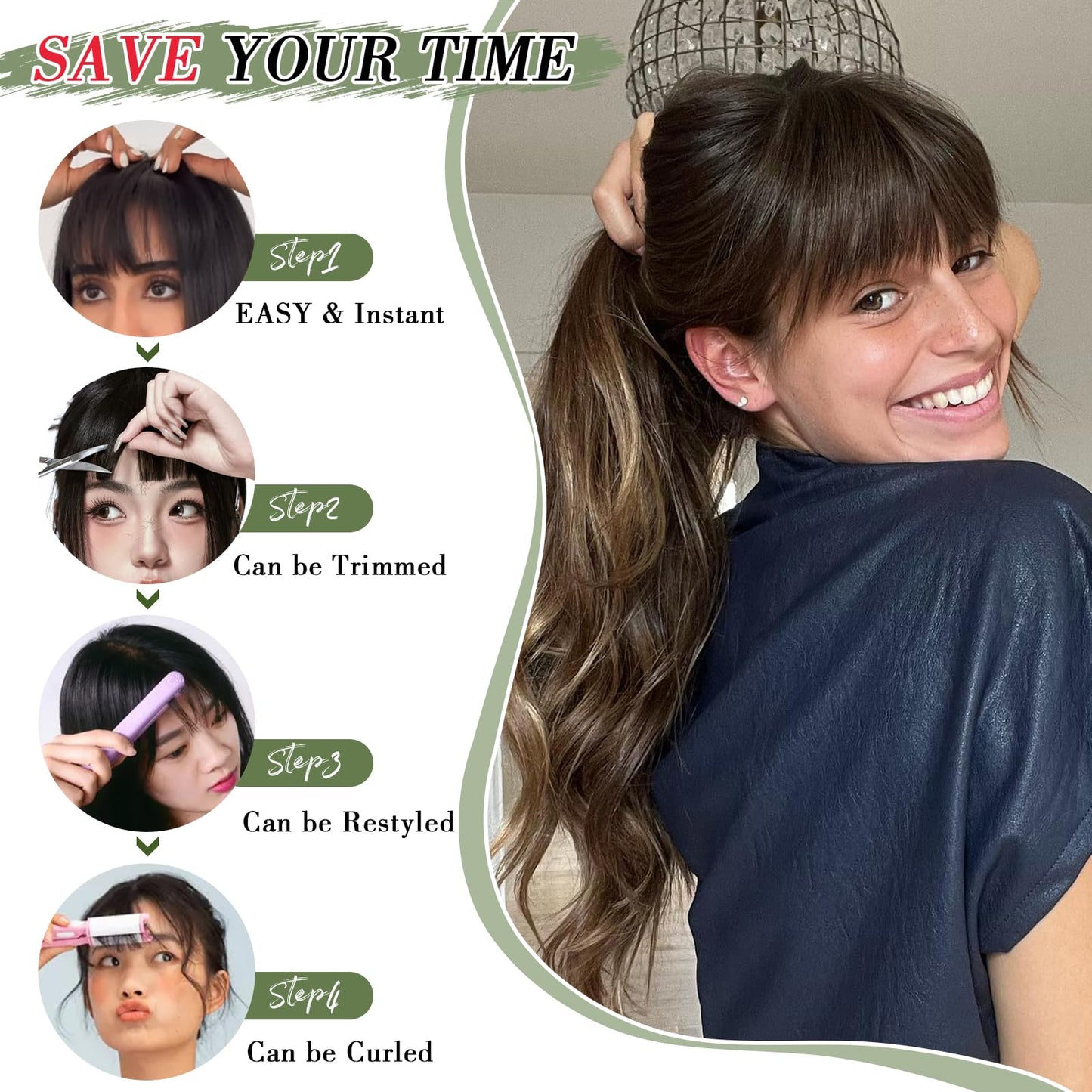 Carendia Bangs Hair Clip Human Hair Natural Black French Bangs for Women Fringe with Temples Hairpieces (Brown Black, 3D Bangs)