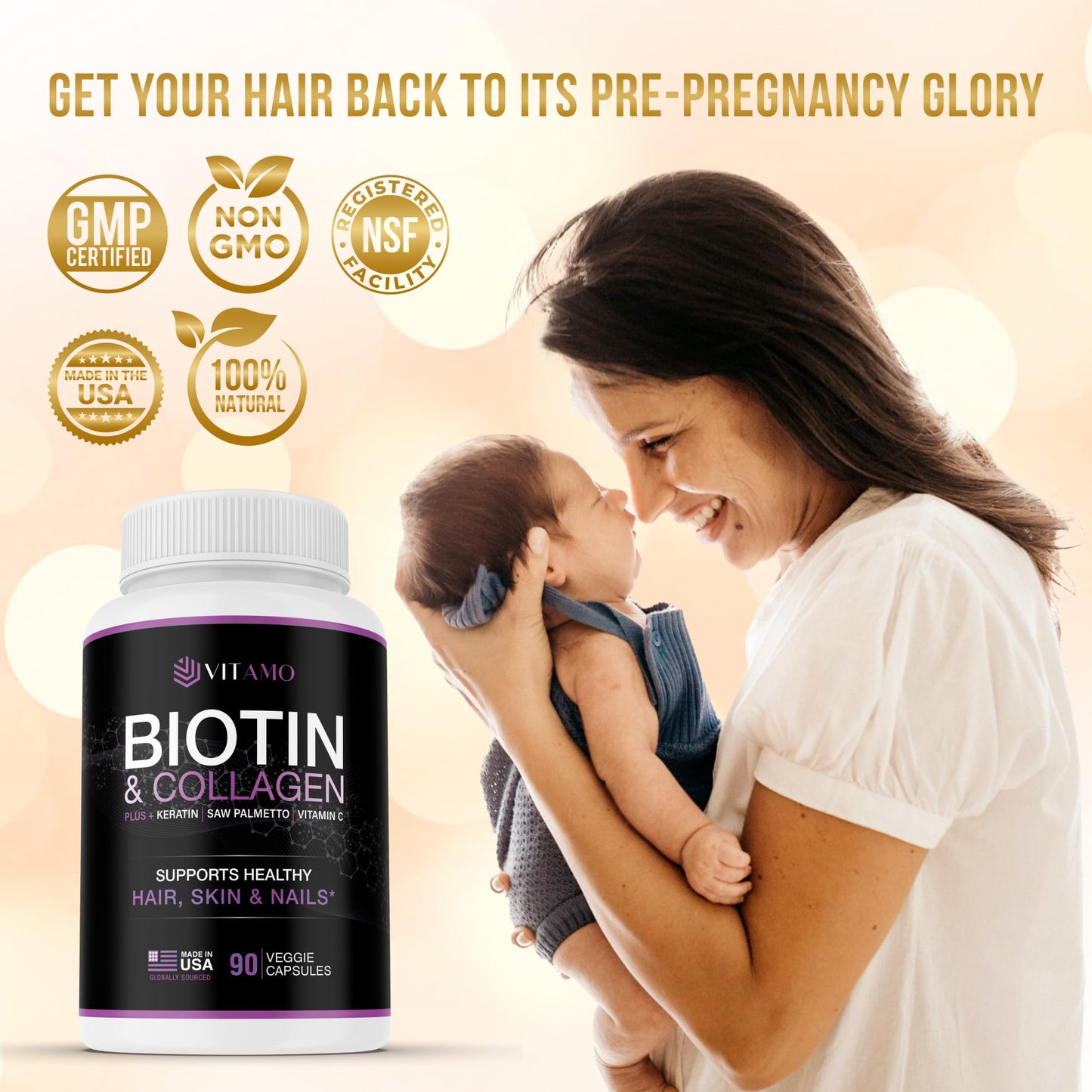 Vitamo Postpartum Hair Loss Vitamins for Women | Postnatal Hair Growth with Hyaluronic Acid, B-Complex, Biotin, Collagen & Keratin | Advanced Hair, Skin & Nails Supplement | 90 Capsules