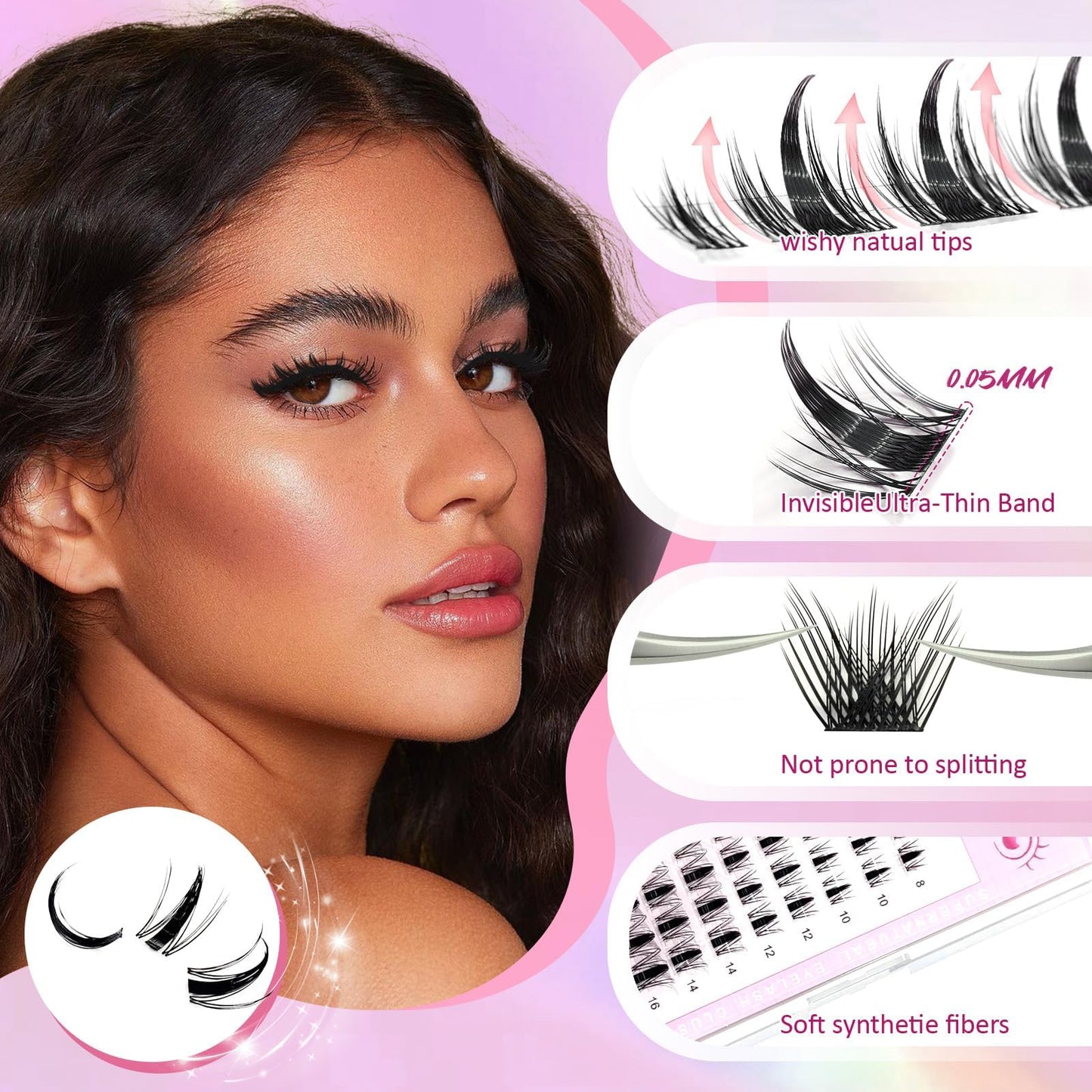 Lash Clusters Kit Manga Eyelash Clusters Kit, 8-18mm DIY Volume Eyelash Extensions, 208pcs C+D Curl Fluffy Individual False Lashes Waterproof Thin Band Salon 150-Hour Wear with Bond Seal Tweezers