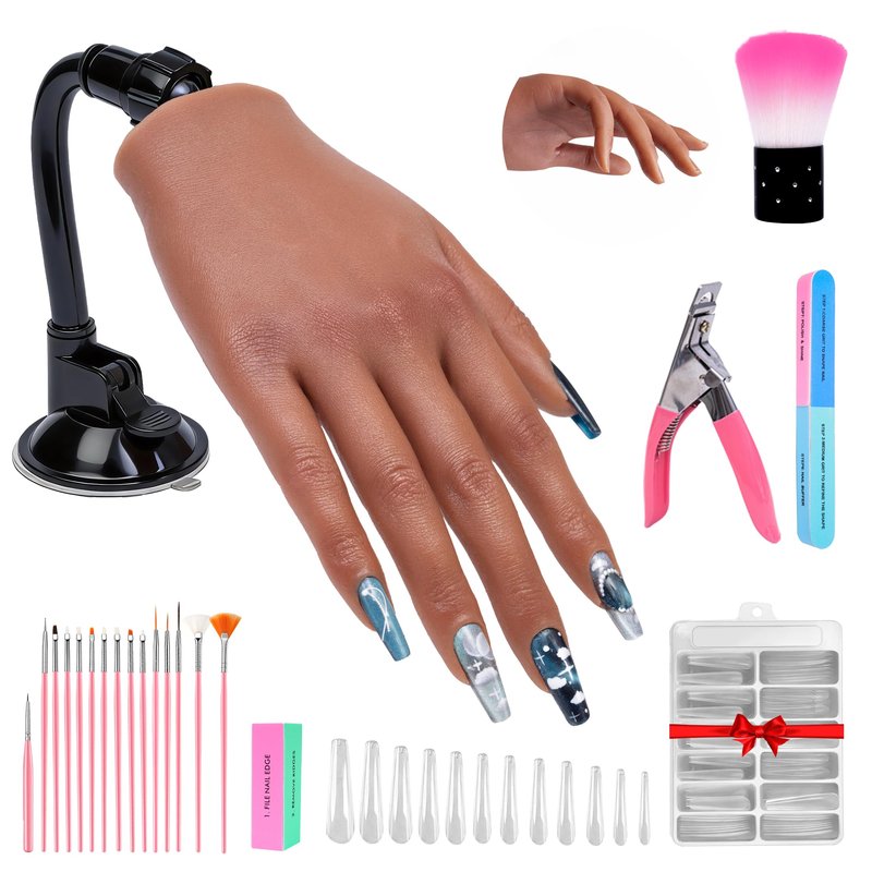 Veikmv Practice Hand for Acrylic Nails,with Flexible Fingers, Realistic Silicone Mannequin Hand Model for Nail Art Training, Gel Polish and Manicure Beginner Kit