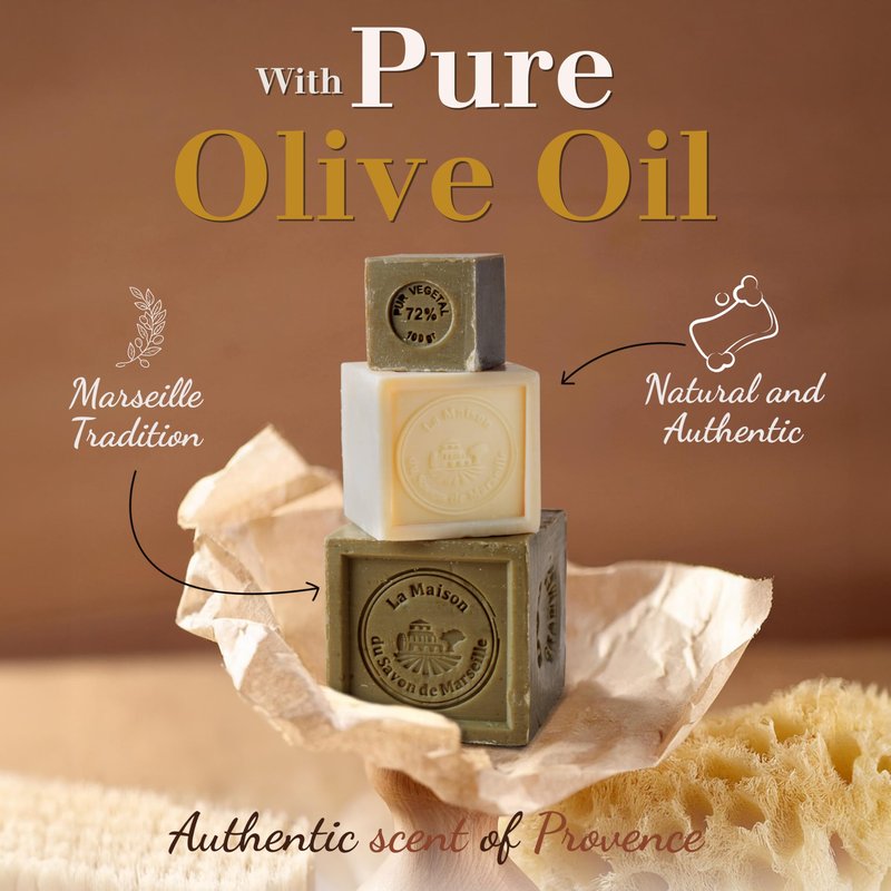 Authentic Savon de Marseille Soap – French Milled Bar Soap with Saponified Olive Oil – Fragrance-Free, 100% Natural Ingredients – For Body, Face, Hands & Home – Cleanser Made in France - 3x10.6 oz