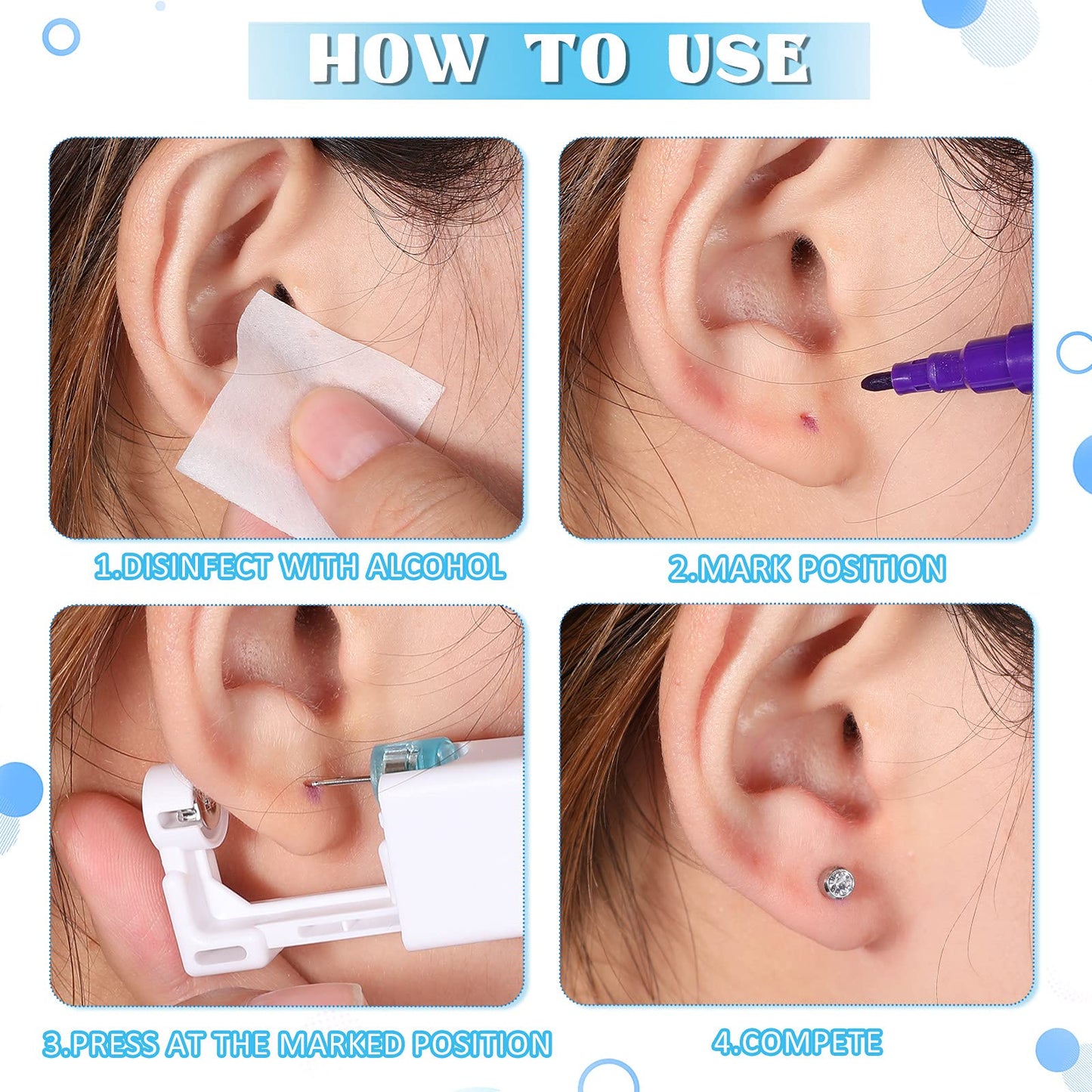 Chumia 24 Pieces Self Ear Piercing Tool Disposable Kit Household Ear Piercing Tools Safety Portable Nose Tools with 24 Pieces Crystal Earring Studs(Silver Earring)