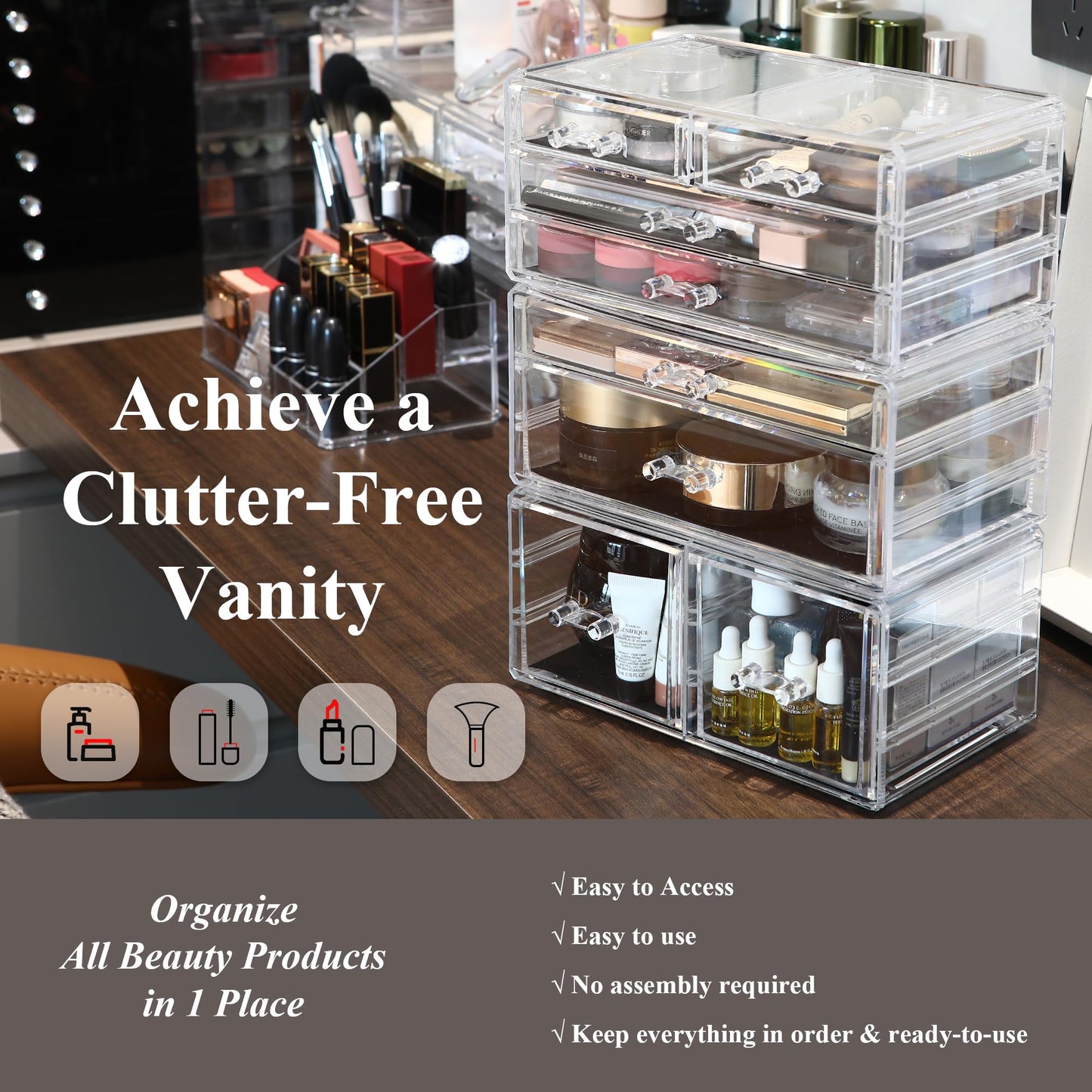 Sea Team 3-Layer Stackable Clear Makeup Organizer with Drawers, Acrylic Plastic Cosmetic Display Case, Jewelry Storage Box, Holder for Dresser, Bathroom, Vanity, Countertop (8 Drawers)