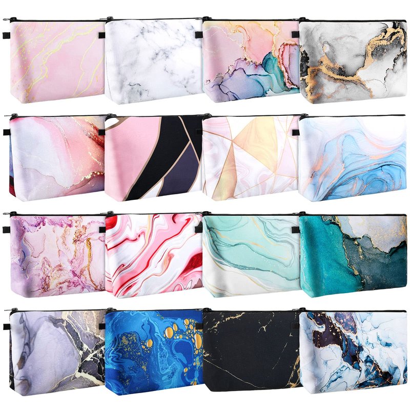 Dunzy 16 Pcs Bulk Makeup Bag for Women Gifts for Mom Canvas Cosmetic Bags with Zipper Pouches Waterproof Travel Toiletry Organizer for Girls Mother Teacher Nurse Bridesmaids (Marble)