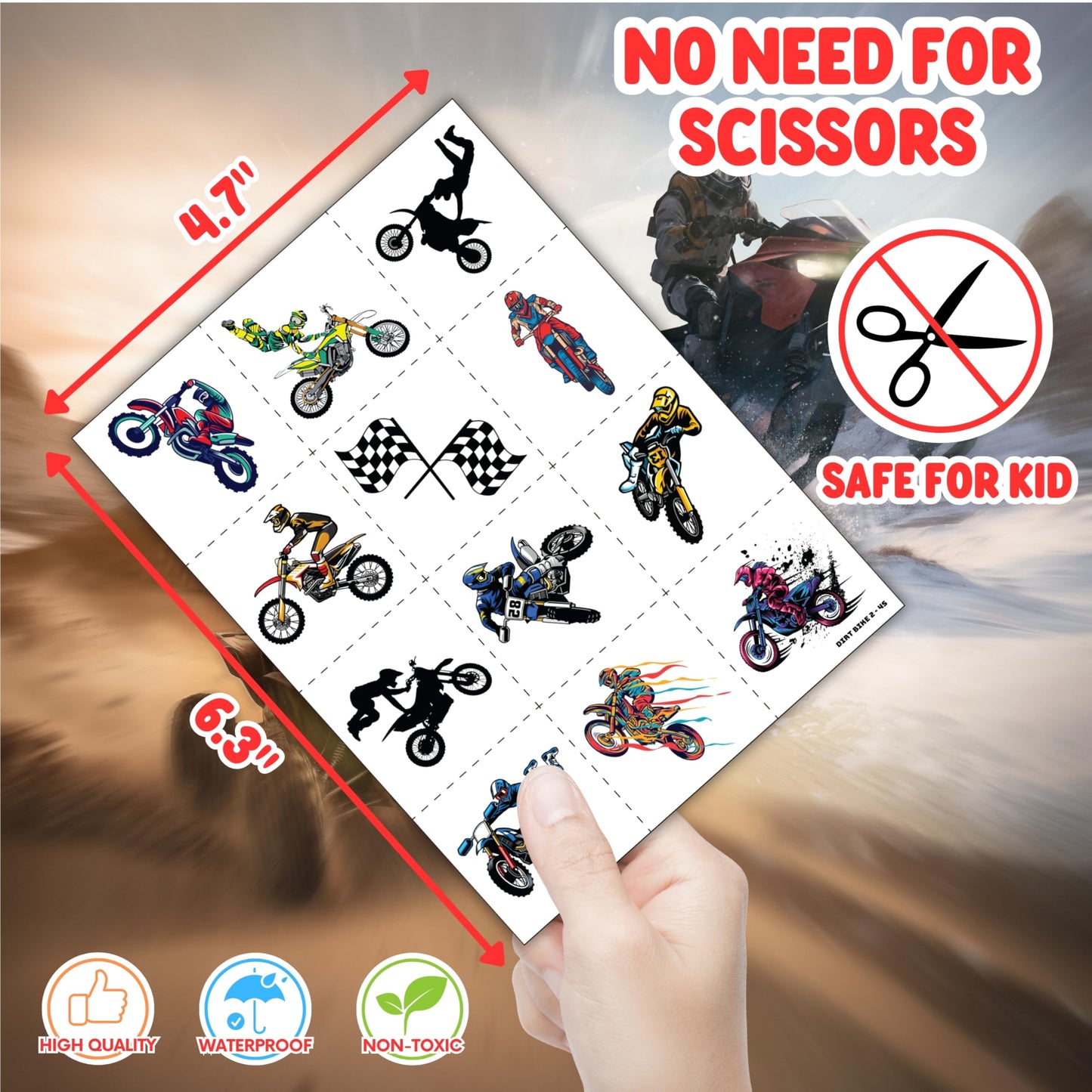 72 PCS Dirt Bike Party Favors - 48 Temporary Pre-Cut Tattoos & 24 Slap Bracelets - Fun Party Favors for Boys & Girls, Birthday Goodie Bag Fillers, Baby Shower Gifts, Classroom Rewards