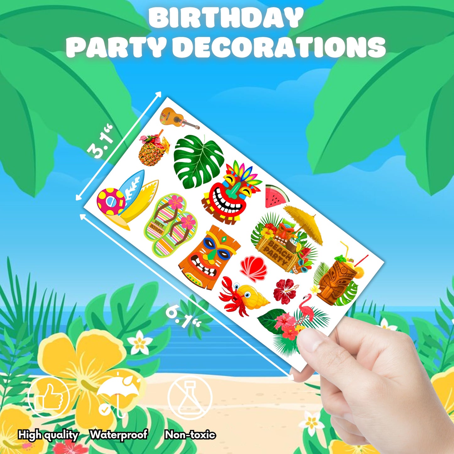 Luau Temporary Tattoos for Kids - 96 PCS, 8 Sheets